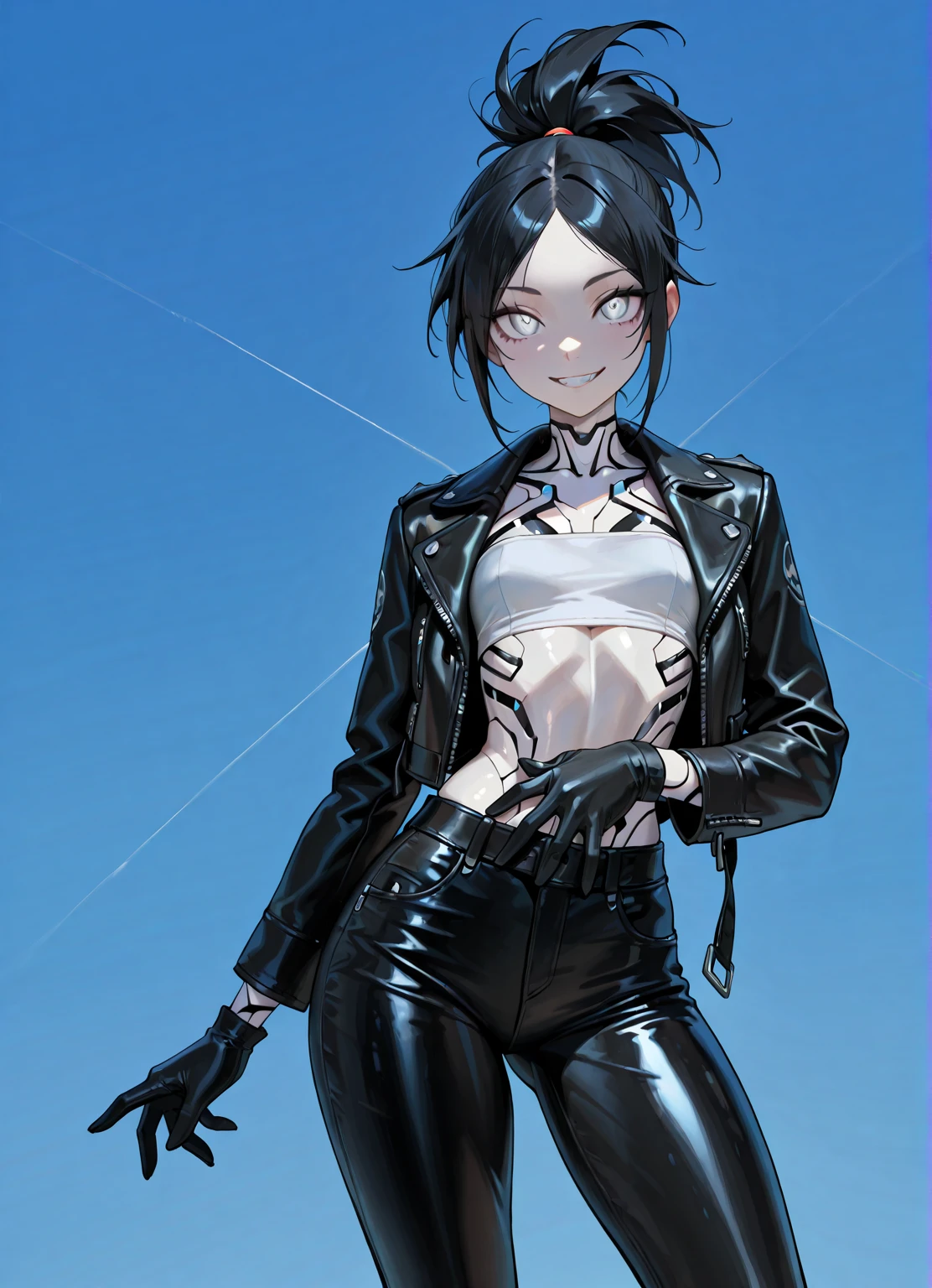 Short skinny Lana, short black hair, (flat chest), (exposed flat tummy), slight smile, round butt