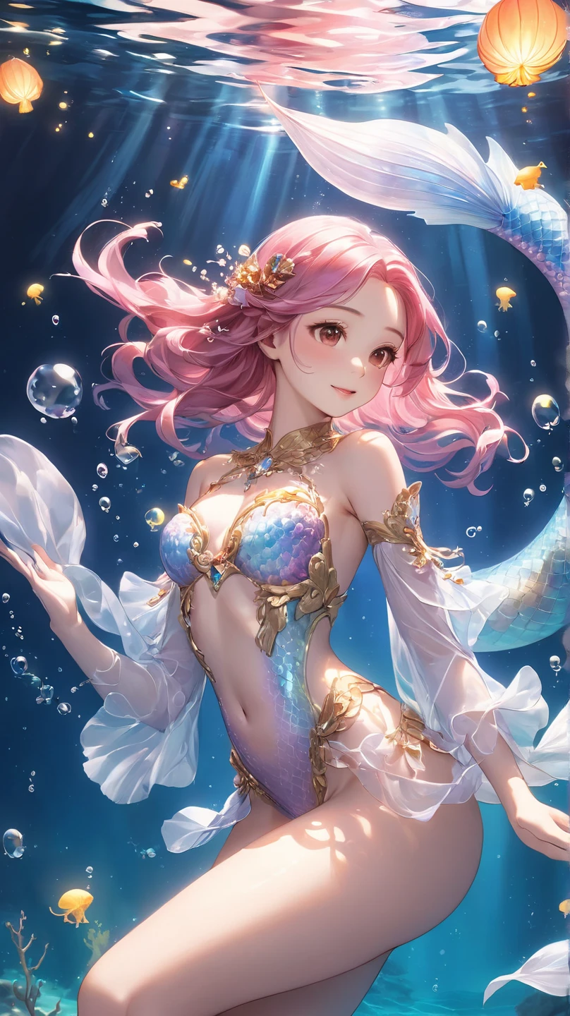 Dreamy and magical,masterpiece,masterpiece,Extremely high detail,Last。dance。Simple beauty、mermaid、In the water、