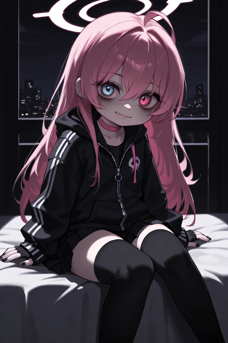 1girl, beautiful woman in messy bedroom, poofy hair, eyeliner, emo, emo makeup, goth, bright pink hair, head ornament, stockings, pale skin