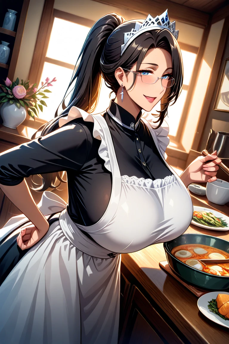 (Mature Woman:1.5), (mother:1.5), Ishtar, Fate Grand Order, (Absurd, 8k, 4K, Tabletop, Extremely detailed:1.2), highest quality, Perfect Anatomy,Perfect Face, High humidity, (alone:1.2), (Sweaty:1.3), shortness of breath, High humidity, humid, (Black Hair:1.1), Red eyes, Looking into the camera, (Very large breasts:1.5), Light clothing, apron, (kitchen;1.1), (Having a conversation:1.5), (Speech bubble:1.2), A kind smile, relief, peace of mind, mother性, Cooking, have a ladle, pot, pot-au-feu