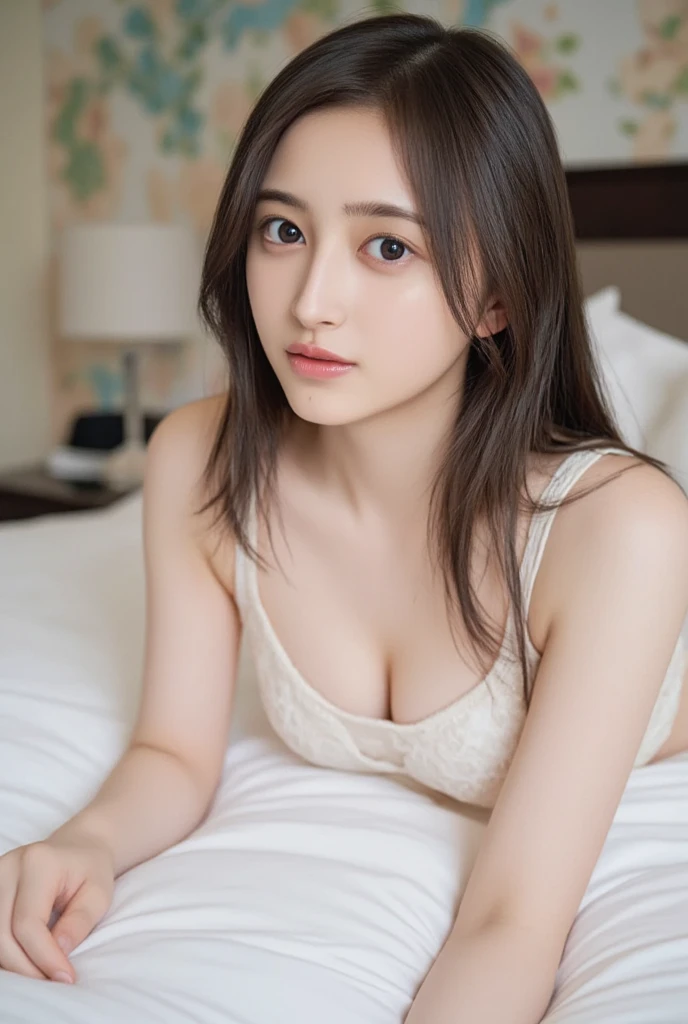highest quality, table top, ultra high resolution, (Photoreal: 1.4), Front view, Half body, famous japanese actress, revealing clothing, very beautiful woman, cute, Cinematic 35mm lens, f/1 .8, Beautiful double eyes with equal left and right eyes, 上Half bodyショット,intoxicating atmosphere,Beds in luxury hotel rooms