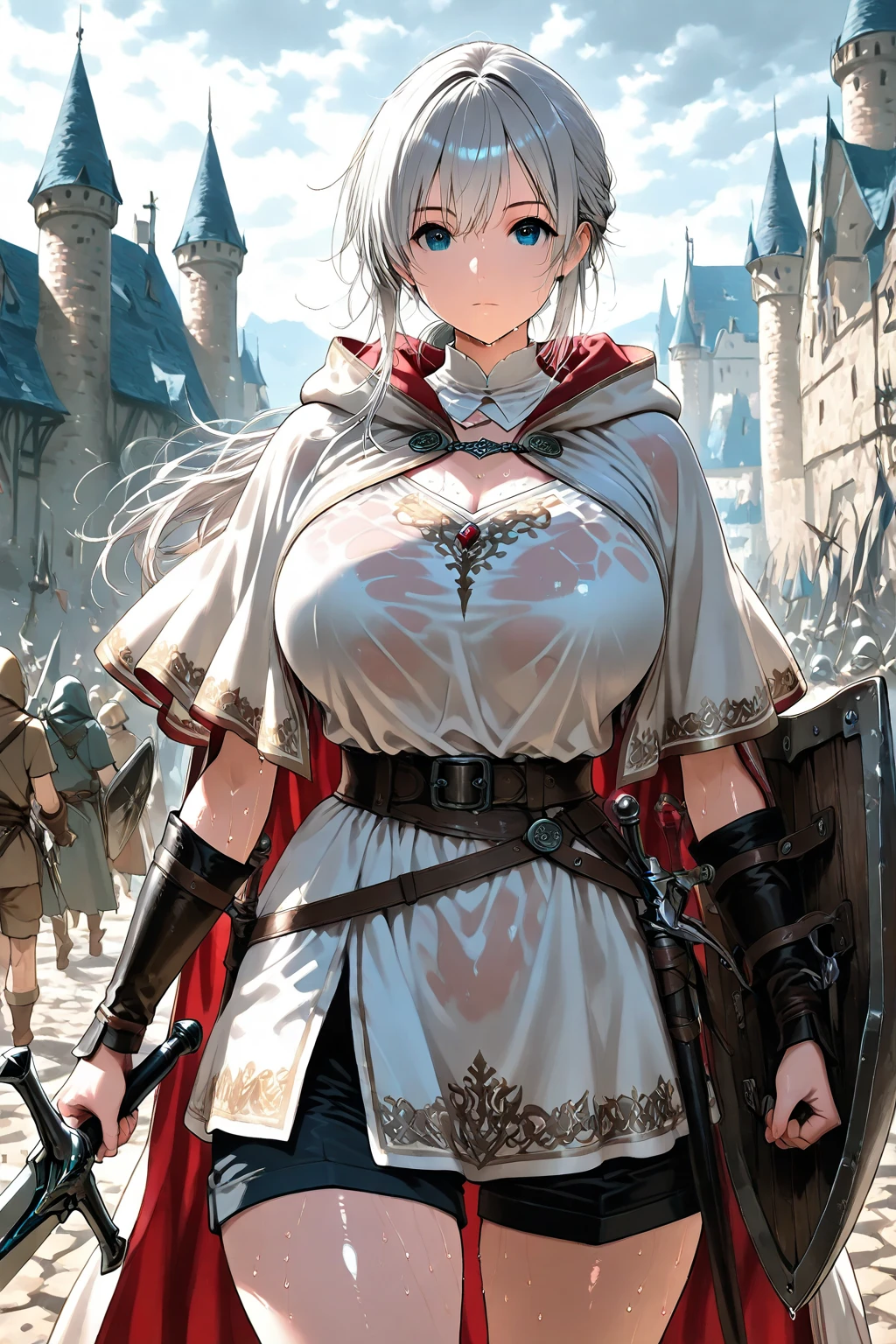 A woman wearing heavy armor, holding in her hand a medieval sword, short white hair, red eyes, in a fortress of a medieval castle, medieval theme, blue sky, white clouds, a view of an open field with some trees,(just a girl, solo) ultra resolution, very detailed, HDR, masterpiece, 8K hd