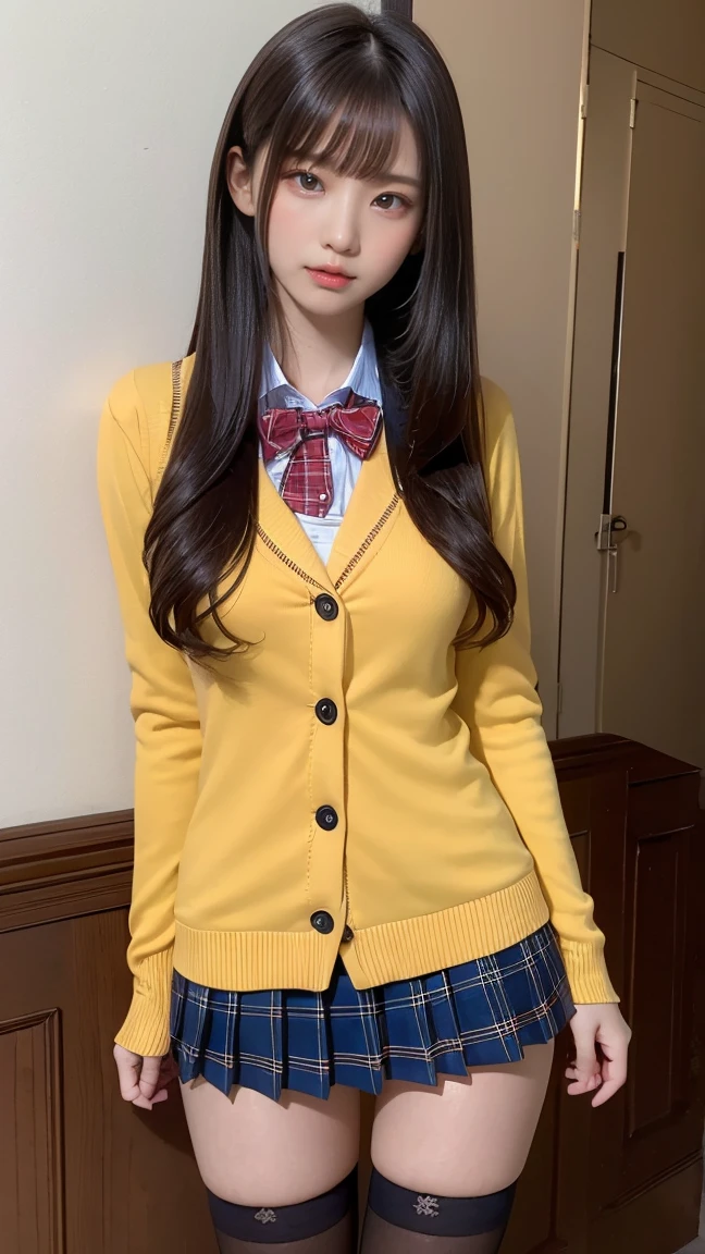 ((highest quality、8k、masterpiece:1.3)),((((cowboy shot)))),Ultra-high resolution,big eyes,Japanese,bangs,(a girl),(1 girl),((20 years old)),((facing at viewer)),(long hair),(((school uniform))),grin,((sitting on chair)),(pleated mini skirt),(((pussy))),((pubic hair)),(((open legs))),((skirt lift))