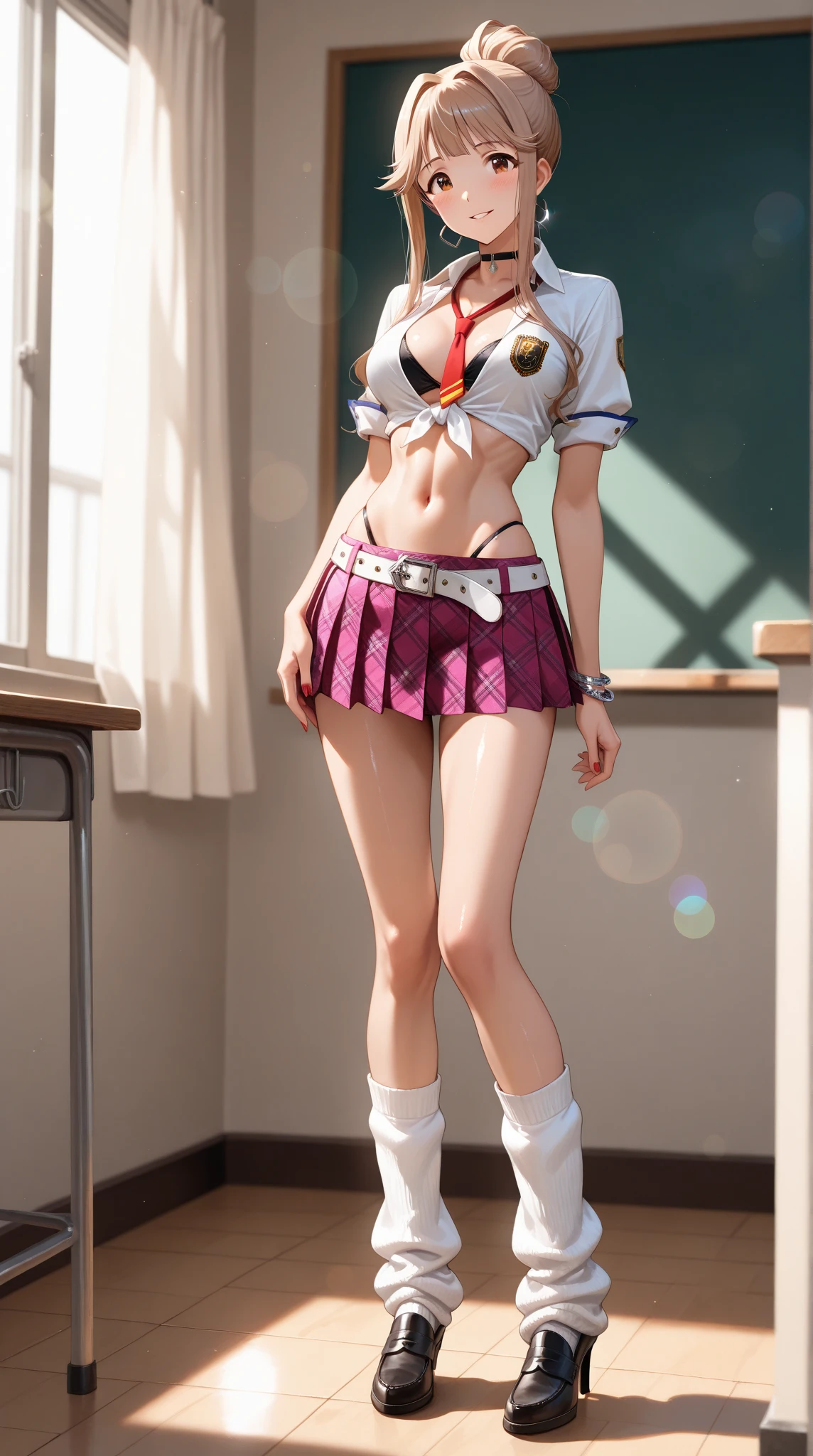 ((anime boy)), ((crossdresser)), (((1boy)))), (((solo))), ((((alone)))) medium dark brown hair, red eyes, ((((brown skin)))), wide hips, narrow waist, thick thighs, angry, make up, red lipstick, standing in a classroom, ((flat chest)), (black school jacket), (black skirt), (shirt), (highschool uniform)