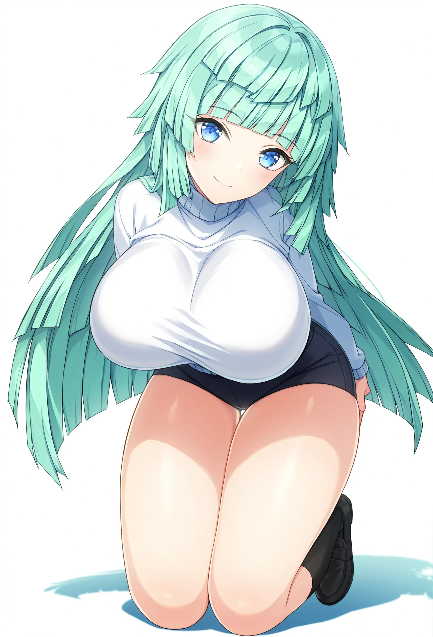 Anime girl, blue eyes, long green hair, muy voluptuosa, teen, big breast, shy smile, wallpaper, cute High waist denim shorts, long sleeve blouse, strap, breasts bounce,sitting on the sofa sitting in a shy pose , house