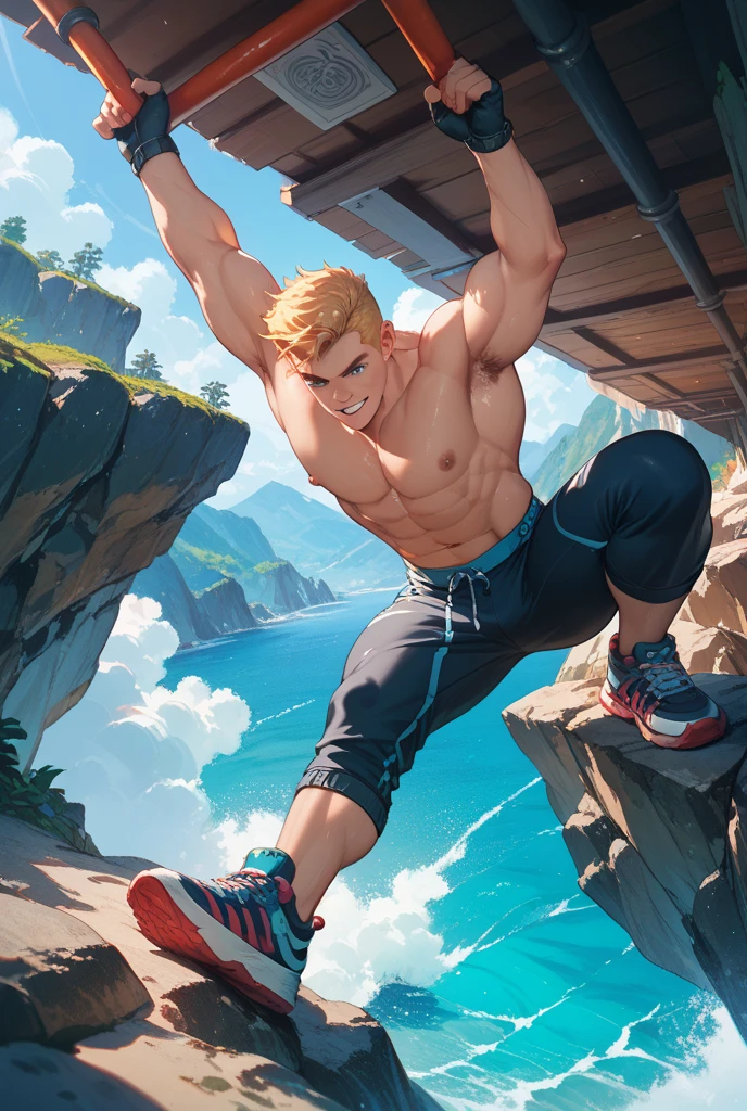 full view full body, realistic photo, blonde over-muscular super-hero young male Flash Gordon with blue eyes, preppy undercut haircut, white lycra crop-top, red shorts, in long white filthy sport socks , No Shoes, golden chains, necklaces, He rests in his white stained socks on the banks of a river framed by mountains covered with virgin forests, he admires some multicolored exotic birds flying above the water.showing off socked feet. His flying skateboard is placed nearby