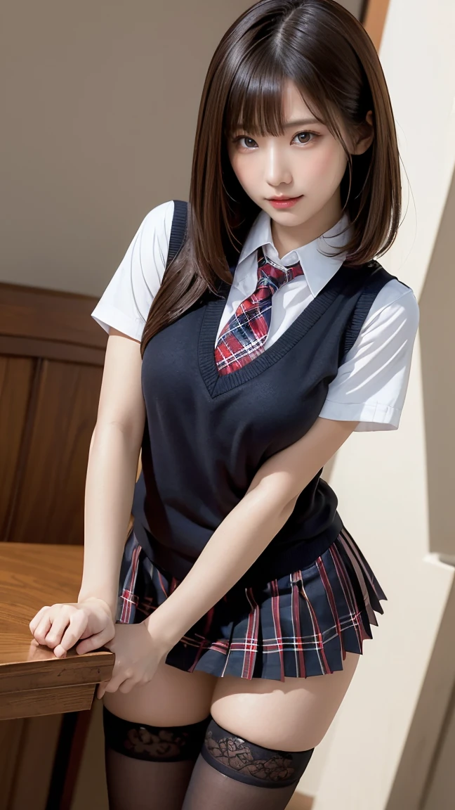 (garden、evening)、(SLR Camera Photography、cinematic lighting)、garden、bench、(spreading her legs for the camera:1.5)、(open legs:1.5)、(camera angle from below:1.5)、(Showing off the inside of her skirt to the camera)、(I can see my pants:1.2)、(School Uniforms:1.2), (wearing a navy blue knit vest), (Red bow:1.3), (plaid pleated skirt:1.3),(A smile、Happiness、Joy、jolly、closes mouth)、High detailed eyes、long neck、(((short hair with bangs)))、Lashes、((Very beautiful、Very beautiful))、(((natural soft light、gazing at viewer、Entice your audience、big breasts、Highlights in the eyes)))((No makeup、looking at camera:1.2))、(realistic、Photoreal、super detailed、best detailed skins、highest quality、masterpiece、Super high resolution)、cute japanese woman、17 years old、high school girl、young girl、1 girl、have bangs、double eyelid、purity、double teeth、realistic肌タイプ、fluffy hair、red cheeks、(black hair)、bright classroom、(school classroom)、machine、Chair、bright atmosphere、8K RAW photo、High resolution、(very big round breasts:1.2)、beautiful eyes、detailed eyes、drawn in detail、long eyelashes、美しいdouble eyelid、beautiful and very thin legs、(Beautiful and very thin thighs),simple necklace、extremely short skirts、Quite embarrassed look、red cheeks、troubled face、(The morning sun is shining)、
