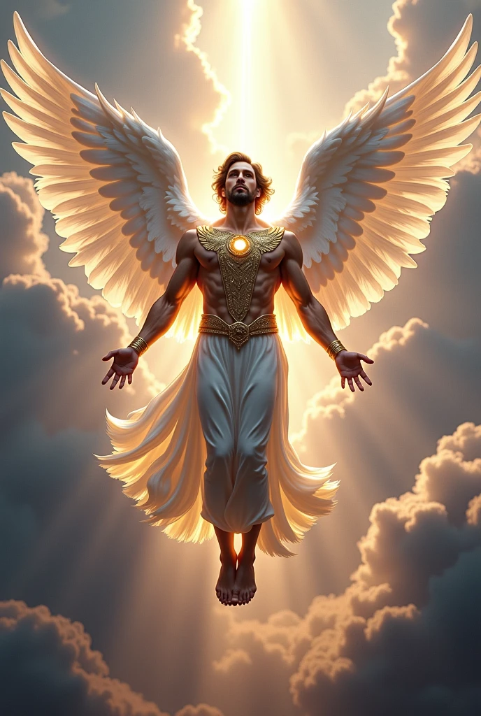 Generate a young male god of air flying in the sky with crown on head who is looking strong and overpower