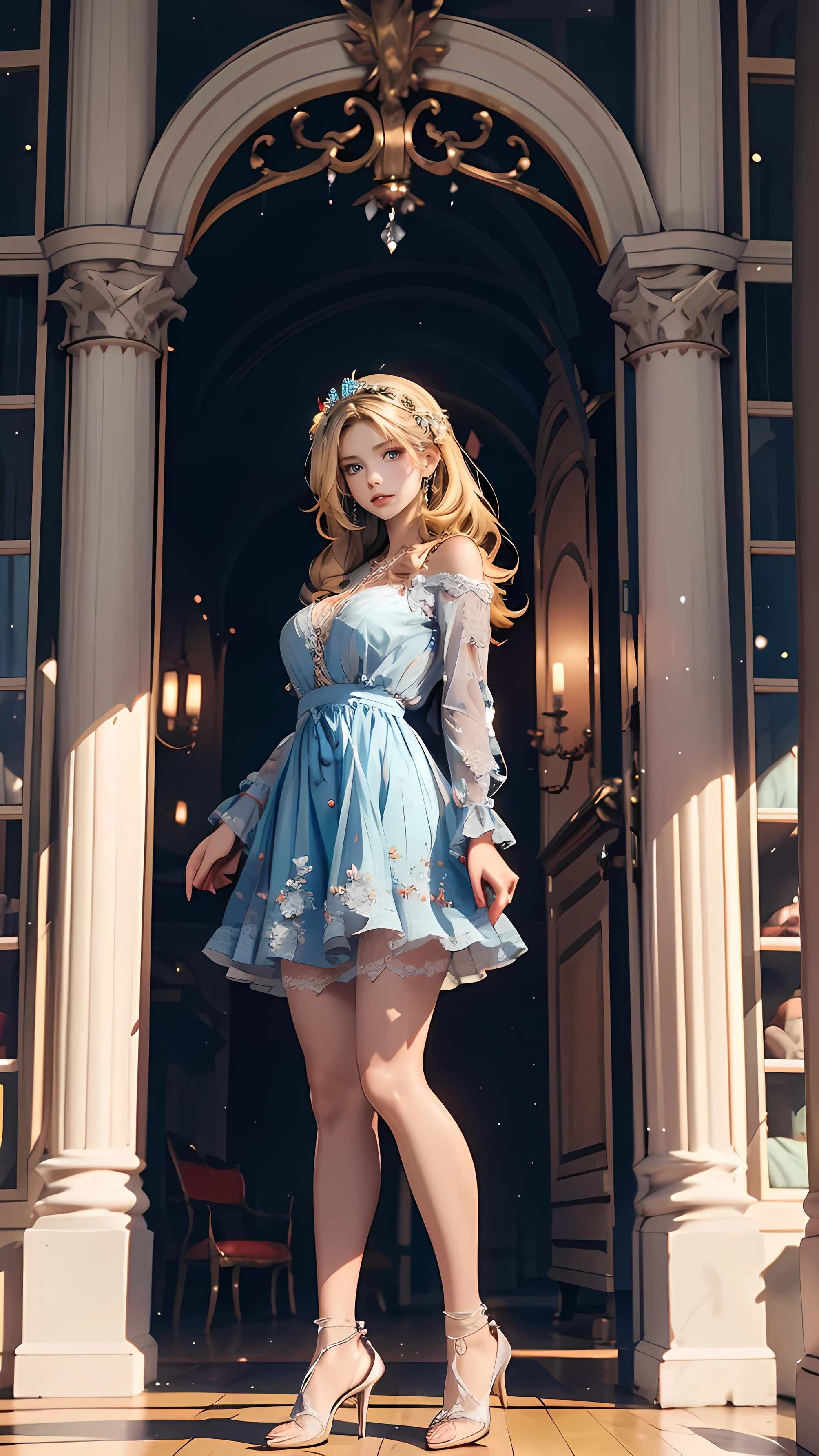 super high resolution, top quality, Picture, 4K, ( there is:1.4), (Full body image:1.5) Girl with a wreath on her head, LONG BLONDE HAIR 、 24-Year-Old White Female 、 long eyelashes、 eyeshadow、 lip gloss、 blue eyes、 Surrounded by、Scandinavian furniture with lace embellishments on summer dresses(transparent)、 Versailles Palace、Hall of Mirrors、pantyhose、 pin heel、smile、(full body shot)