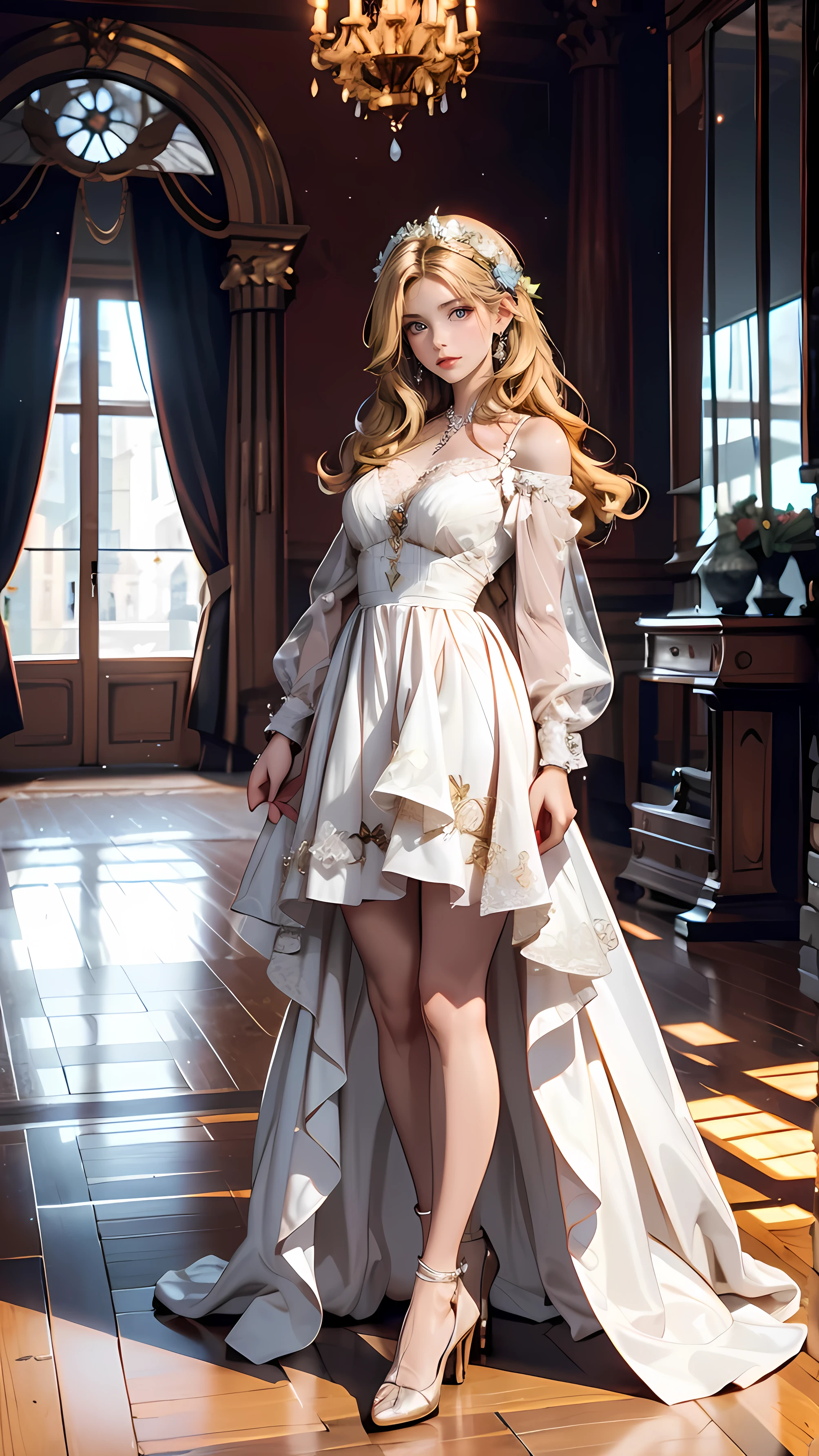 super high resolution, top quality, Picture, 4K, ( there is:1.4), (Full body image:1.5) Girl with a wreath on her head, LONG BLONDE HAIR 、 24-Year-Old White Female 、 long eyelashes、 eyeshadow、 lip gloss、 blue eyes、 Surrounded by、Scandinavian furniture with lace embellishments on summer dresses(transparent)、 Versailles Palace、Hall of Mirrors、pantyhose、 pin heel、smile、(full body shot)