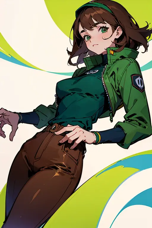 ((illustration)), (best quality)), ((masterpiece)), (detailed), benuaf, 1girl, brown hair, blue pants, green jacket, bmb-fc