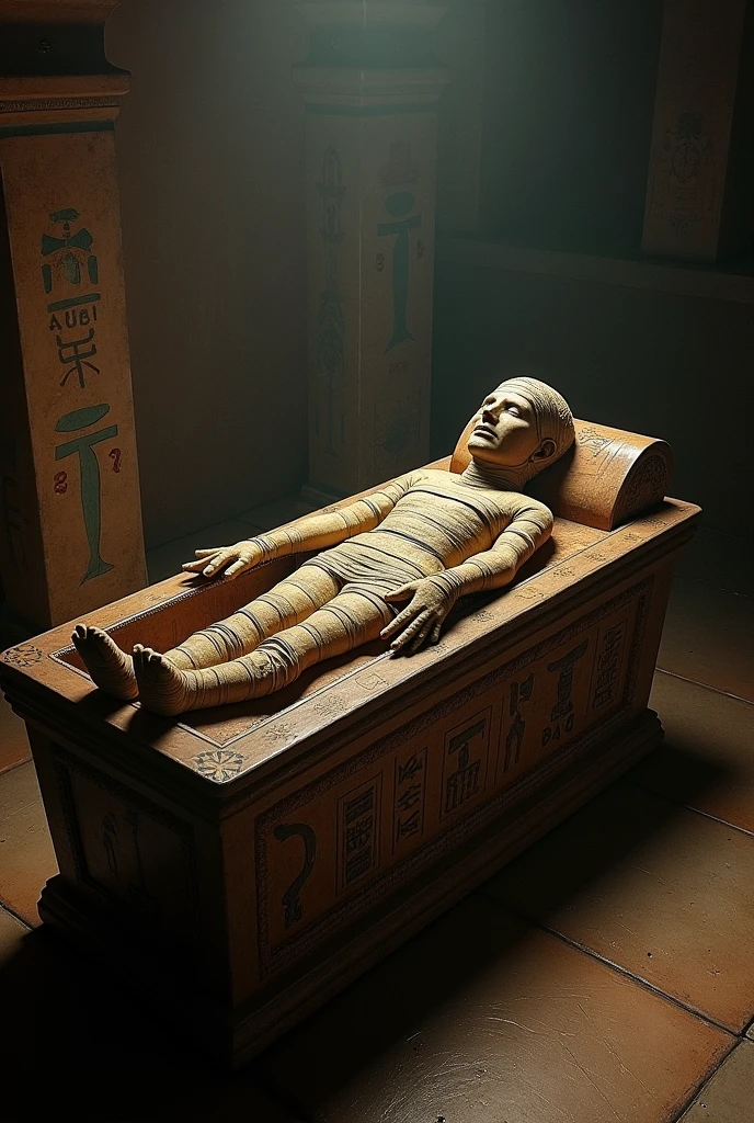 An ancient Egyptian tomb with a mummy and ominous symbols.