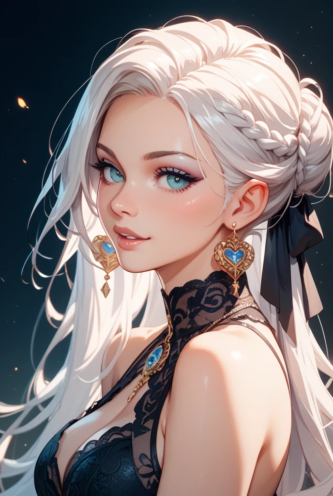 ((( WHITE HAIR, [PERFECT REALISTIC EYES]))), ((( HOLDING A BRAID IN HIS HANDS,))) ultra realistic 8k CG, perfect face, flawless, clean, masterpiece, professional work of art, famous art, cinematic lighting, cinematic flower, perfect face, beautiful face, beautiful eyes, (((( perfect female body, narrow waist))), GOCHIC, real, SINISTER, BLACK HOOD, WIDE SMILE, (DARK SETTING), fantasy, MACABRO, unreal, science fiction,  (huge breasts), BLACK clothing, lace, lace trim, lace socks, nsfw, chest out, absurdly long hair, very long hair, (saturated: 1.4), SKULLS AROUND, intricate detail, delicate pattern, sexy, charming, seductive, seductive, erotic, charming, hair ornament, necklace, earrings, bracelet, armband, looking at the viewer, in the forest, willow trees, river, galaxy, starry multicolored sky, 3 moons
