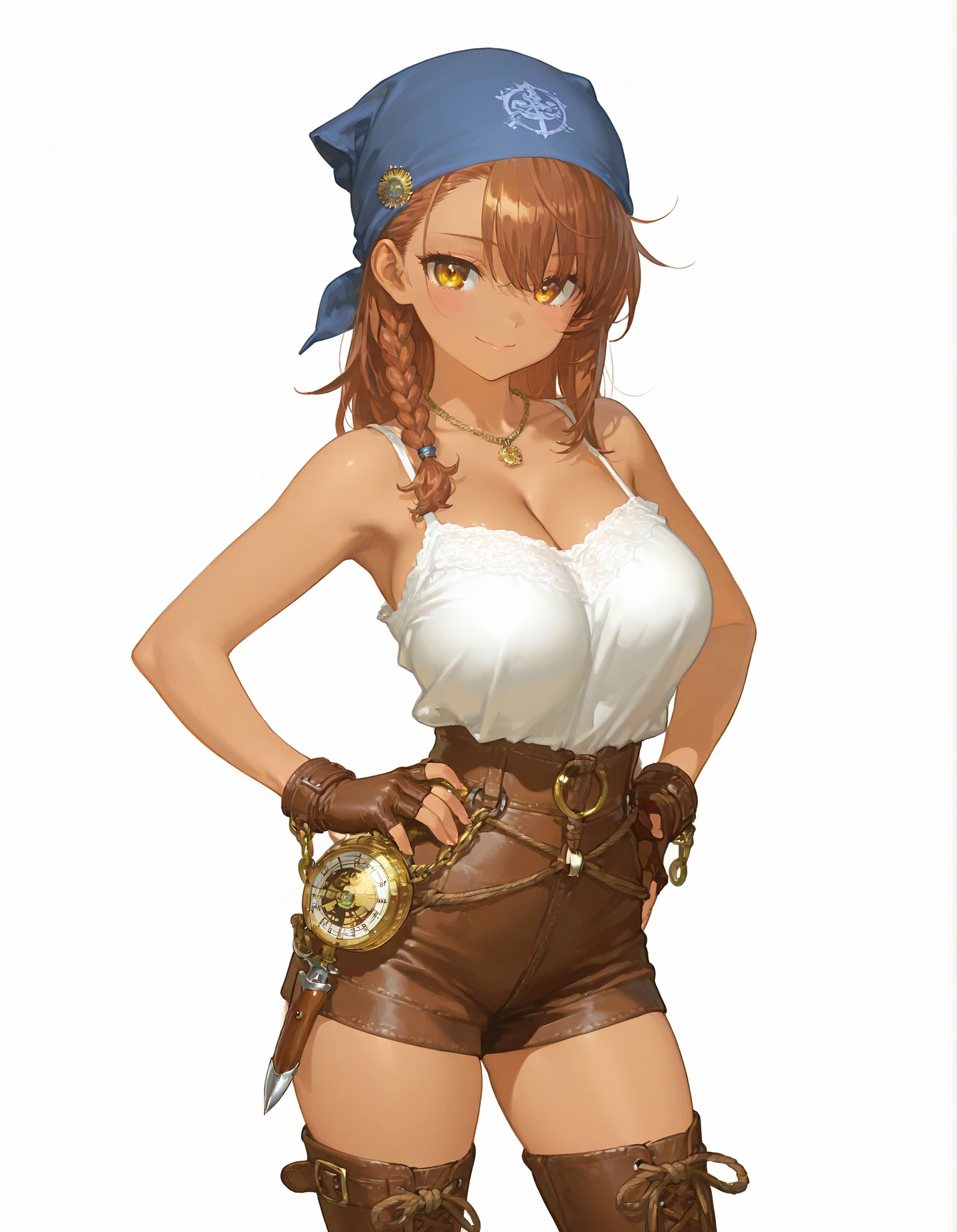 masterpiece, best quality, official anime illustration, (original character:1.2), (1girl:1.2), (solo:1.2), cowboy shot, from front, voluptuous body, large breasts, looking at viewer, standing, rim light, sharp line-art, vivid cel shading, simple white background,
spirited 15th-century mariner woman clad in a weathered indigo wool jerkin left sleeveless to show a billowing ivory linen shirt with a loose lace-tied collar draped off the shoulders, form-hugging chestnut leather slops belted high at the waist by a broad mahogany strap with an ornate brass buckle and dangling flint-dagger sheath, thigh-high cuffed sea-boots of salt-stained brown leather, fingerless rope-scarred gloves, tiny brass astrolabe pendant nestling at her cleavage and a miniature coil-of-rope badge pinned to the jerkin lapel,
long windswept chestnut hair gathered into a thick side braid secured by a scarlet sailor’s head-scarf, sun-kissed complexion, subtle gold hoop in the left ear,
pose: right hand resting confidently on her hip, left arm relaxed at her side,
expression: alluring seductive smile with half-lidded amber eyes locking onto the viewer