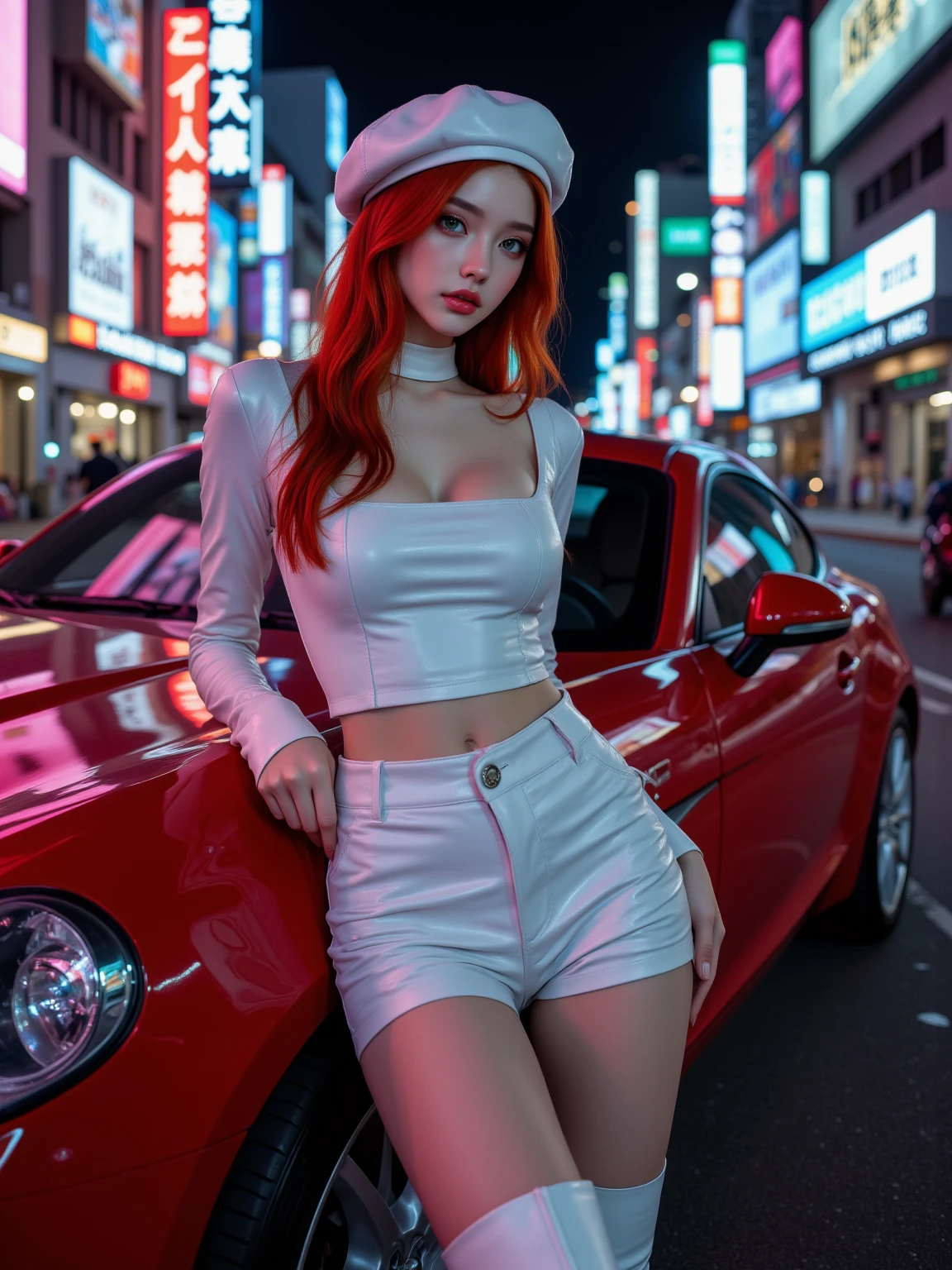 Red-haired、goth_punk, 1girl in, solo, medium shot, Walking in Harajuku, ((during night)), bokeh dof, Neon light, Iridescent eyes, starrysky, Red glowing hair, White eyebrows, Radiant hair, (iridescent white hair), earrings, bangss, jewely, masks, bluntbangs, verd s eyes, Mouth mask, blurry backround, bblurry, hair adornments, Look at viewers, shorth hair, portraitures, side locks