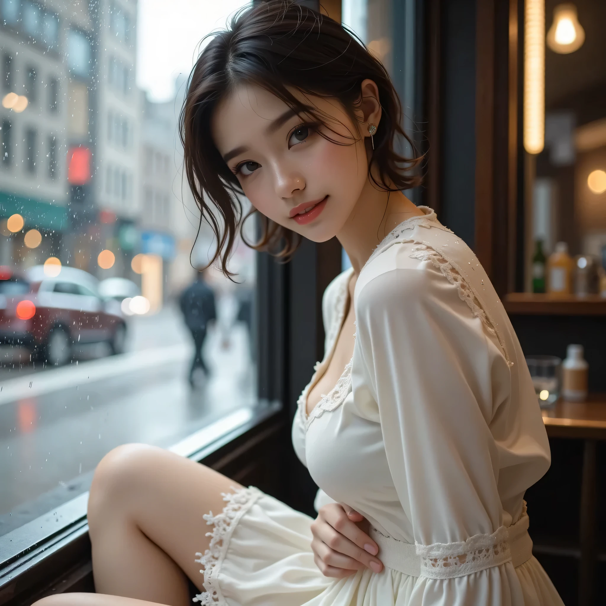 ((Realistic lighting, Best quality, 8K, Masterpiece: 1.3)), Focus: 1.2, 1girl, Perfect Figure: 1.4, Slim Abs: 1.1, ((Dark brown hair)), (White dress: 1.4), (Outdoor, Night: 1.1), City streets, Super fine face, Fine eyes, Double eyelids, --auto