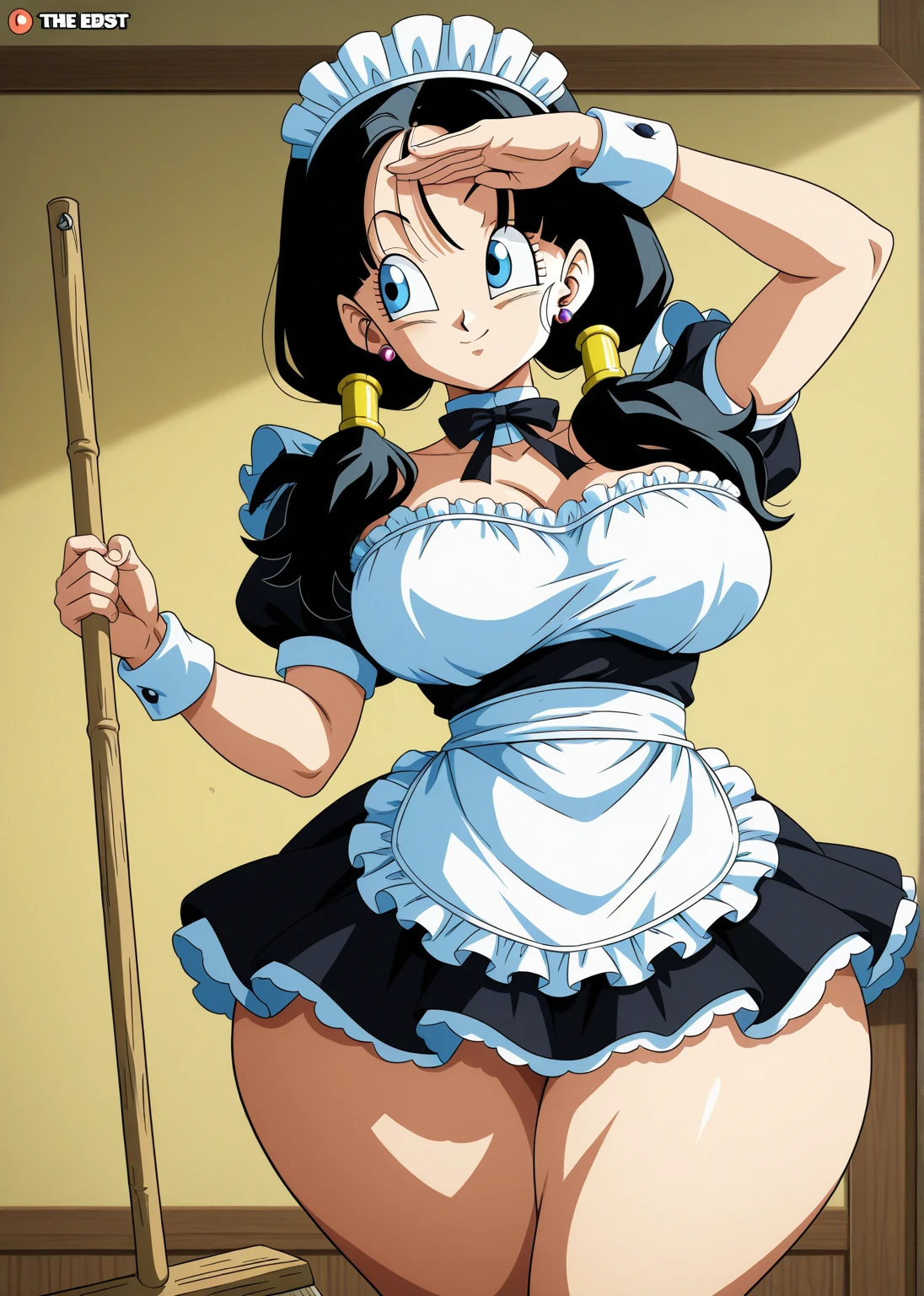 source_anime, score_9, score_8_up, score_7_up, anime screencap,8k, absurdres,
chi-chi, long hair, bangs, black hair, ponytail, sidelocks, blunt bangs, black eyes,
maid headdress, maid, black thighhighs, embarrassed, angry, frustrated, thong,
mansion, indoors, big ass, wide hips, thick thighs, big breasts, cleavage,