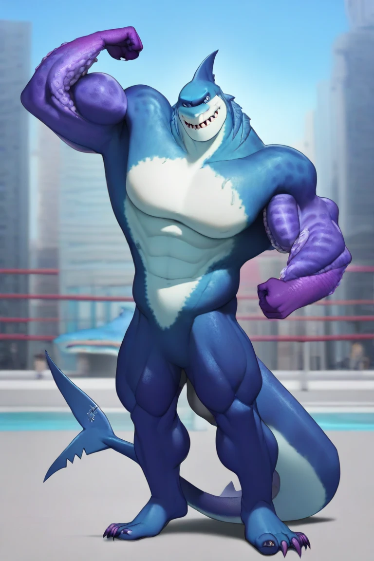 depth of fields, lighting perfect, light particles，（best quality), (masterpiece）, (ultra - detailed, Sharp focus, light particles, inij，black dragon male，teenge age，teen temperament，Eyes，purple eyes ，Crossed waist with one hand,  rays of sunshine，城市，Mysterious smile, jockstrap, bulge