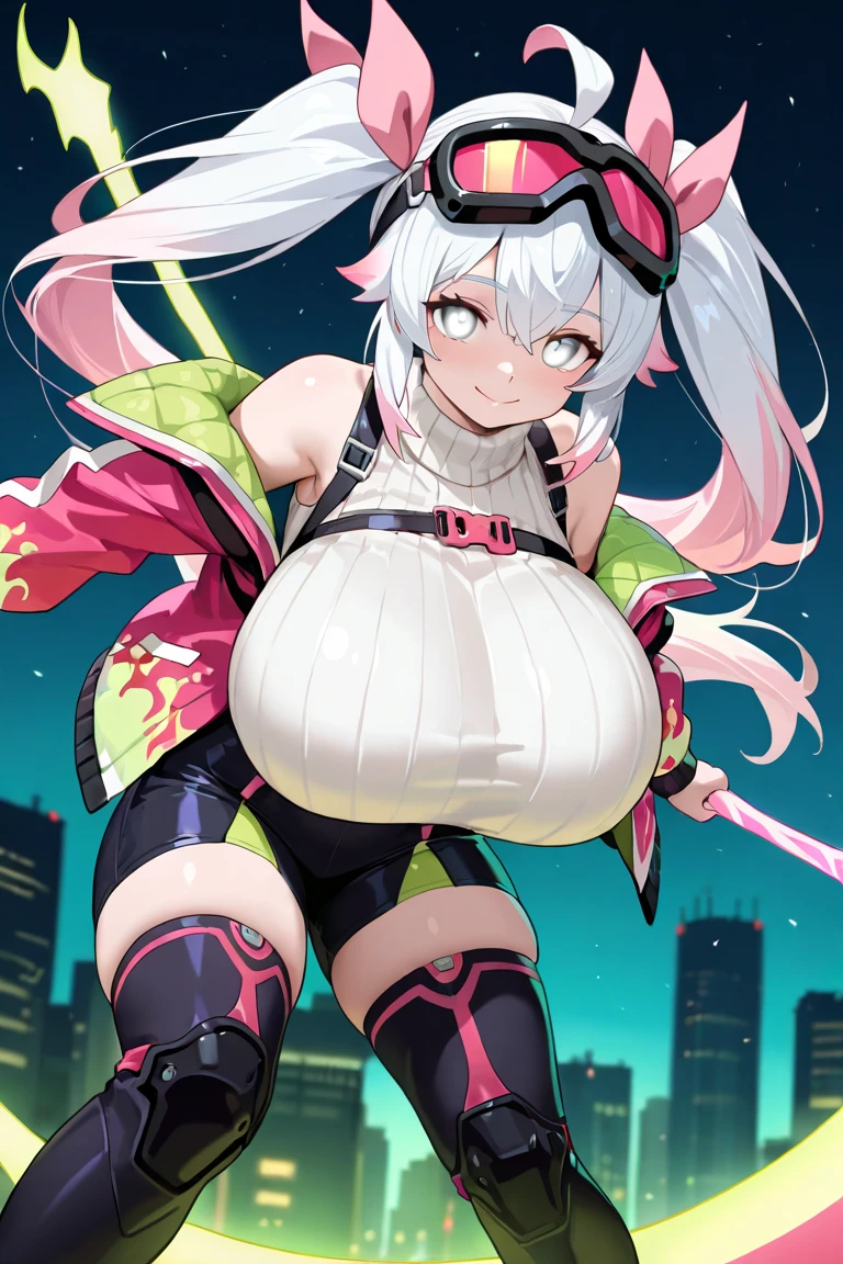 Erotic Anime Illustration、highest quality、Sex Appeal、Main street of the big city、Cynical smile、Graffiti art on the wall、To flatter、Splatoon、A plump gal who draws graffiti art、Perfect proportions、Very large breasts、Fatty legs、Beautiful, shining eyes、Sweaty、Cowboy Shot、Flandre Scarlet
