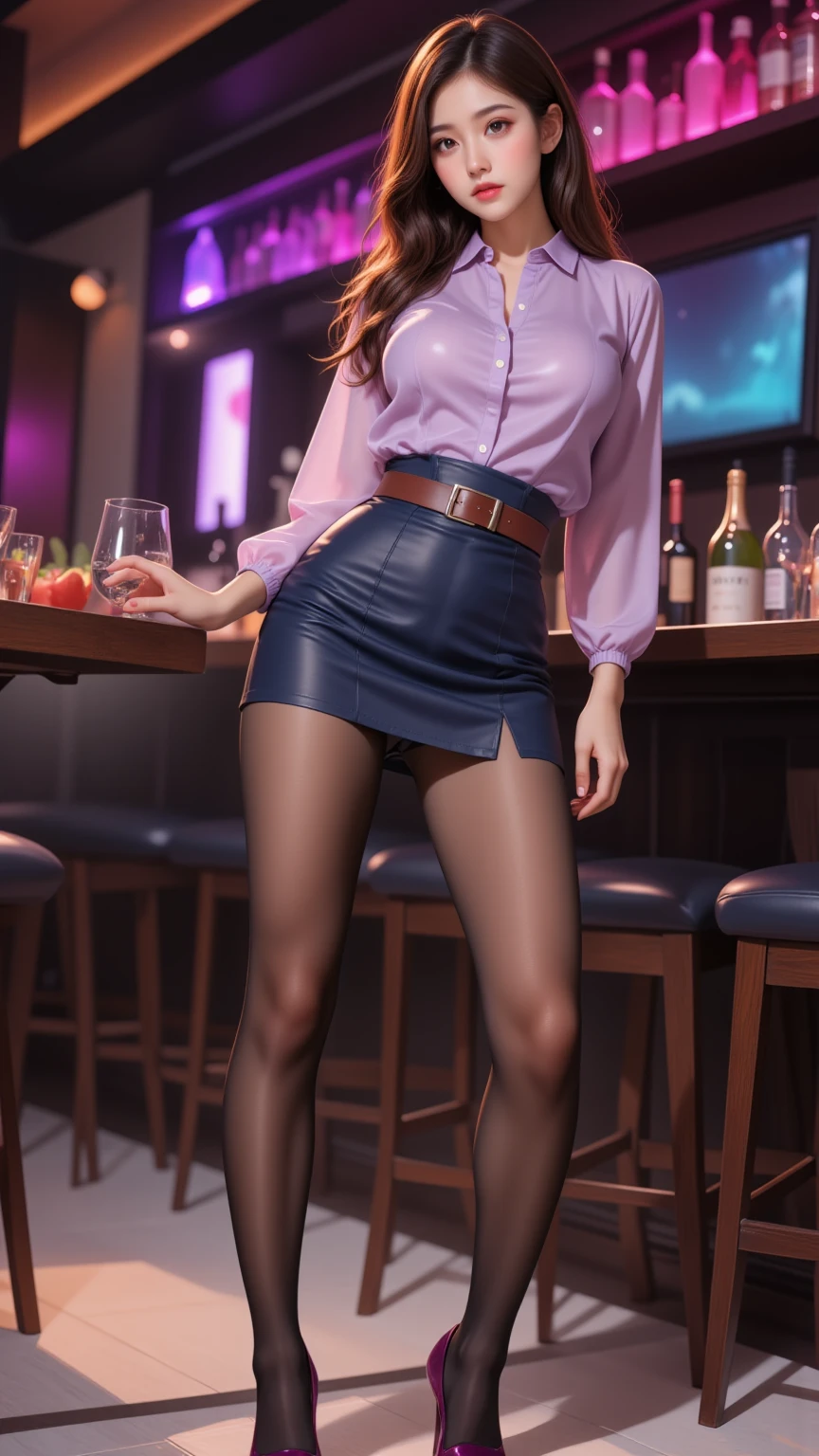 Photorealistic, hyperreal, girl at a bar being flirty, short micro mini leather skirt, from below shot, teasing and showing her butt in pantyhose, turns to look at camera over her shoulder, cute butt and pantyhose feet, slutty, hip NY modern bar and club, rave dance club with gif and neon lights, long wavy hair with bangs, beautiful smoky eyes