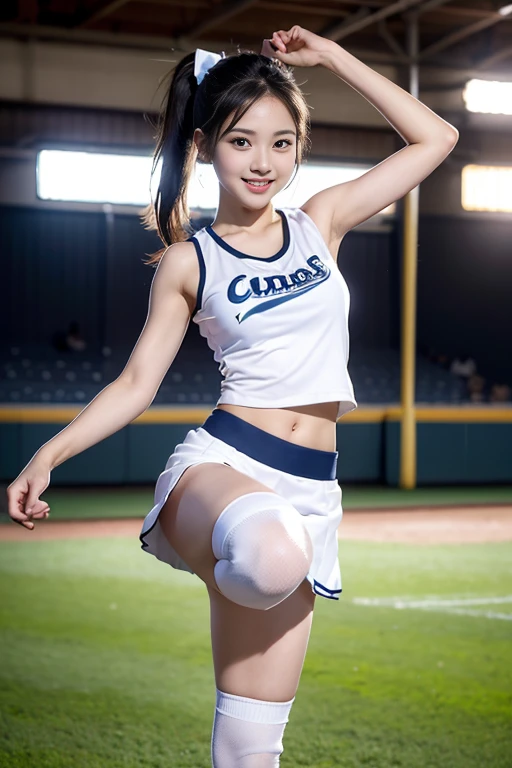 Highest quality、8K、Ultra-high resolution、masterpiece、Clear photos、Professional Lighting、Smile、She gets excited and shows off her white panties、((very cute日本人の女の子、very cute!))、Very detailed、RAW Photos、Realistic、Very delicate and beautiful、 detail、Large Breasts、Large erect nipples、Narrow waist、Beautiful legs、(Professional Baseball Team Cheerleading)、(Cheering in the stands at a baseball stadium)、(High Kick)、Spread your legs、Brown Hair、(barefoot)、Perfect balance