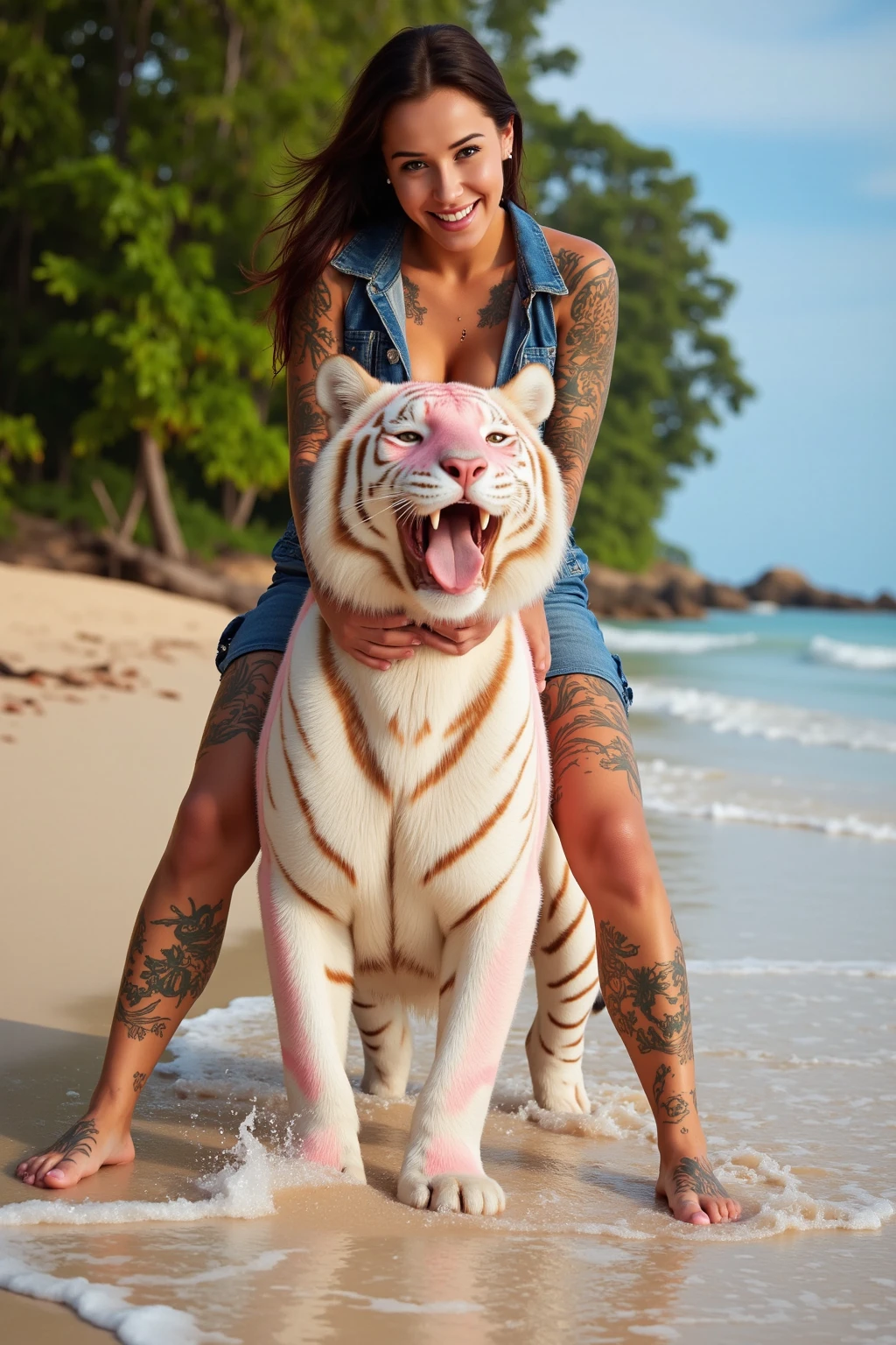 NSFW (nude) (Nami ((human)) large breasts, strip of pubic hair), rear view, on hands and knees, vaginal penetration, fucking male furry ((andro tiger)) with red spiked penis, full body, on a deserted beach