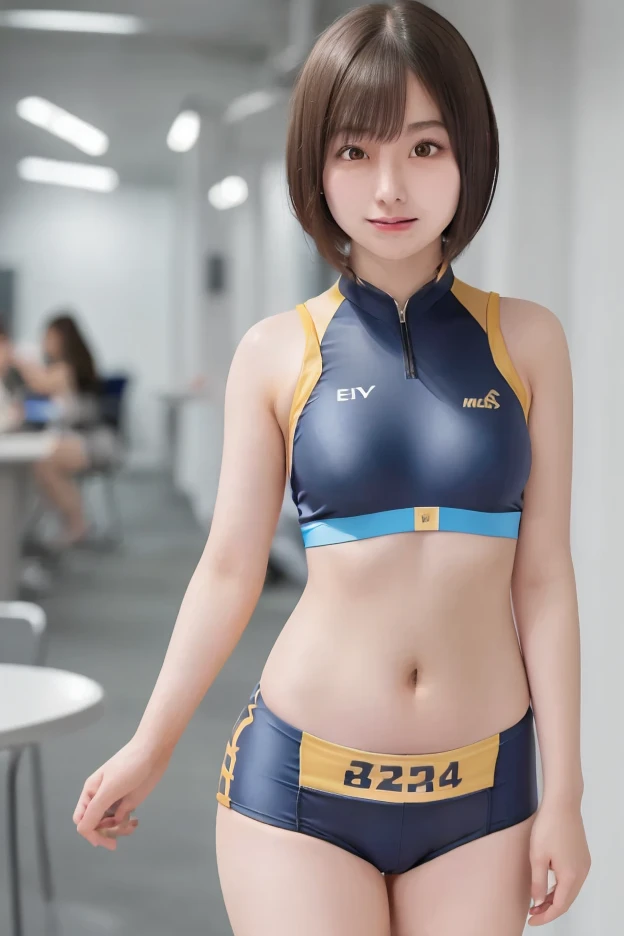 The beauty of 8K raw photos:2.0, short hair, great face and dark eyes, stare at the camera,(laughter:1.6), show teeth, show your armpits, stretching exercises, dynamic pose, vivid pose,（Orange Sportswear:1.2)、wear sneakers:1.4, Photoreal:1.9, very detailed CG 統合 8k 壁紙, very detailed, High-definition RAW color photo, professional photos,facing forward,Photographed at the athletics stadium, sexy portrait of girl
