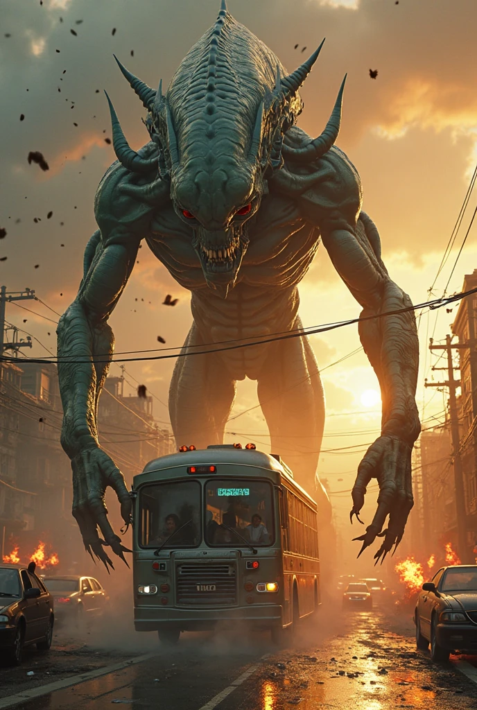 A giant monster with a lizard body, Leafy back side of plant with spines and leaves, spit acid on the floor, a devastated city, very detailed, huge size, destructive personality, sinister presence, intense expression, intense gaze, damaged building, destroyed vehicle, Infrastructure devastated by vegetation, plants and flowers, Dark and gloomy atmosphere, Smoke and debris filling the air, epic battle scenes, People running away in fear, Twisted metal and broken concrete, Desolate streets, Silhouette of a misty monster, apocalyptic landscape,hyper-realistic light, ominous clouds, rotten leaves, ominous shadows, muted colors, Texture of decayed structures, post-apocalyptic monster, animation style, (masterpiece, top quality:1.2), very detailed, movie lights, HDR, girl running away from monster, whole body, fear, shout, 58 years old,