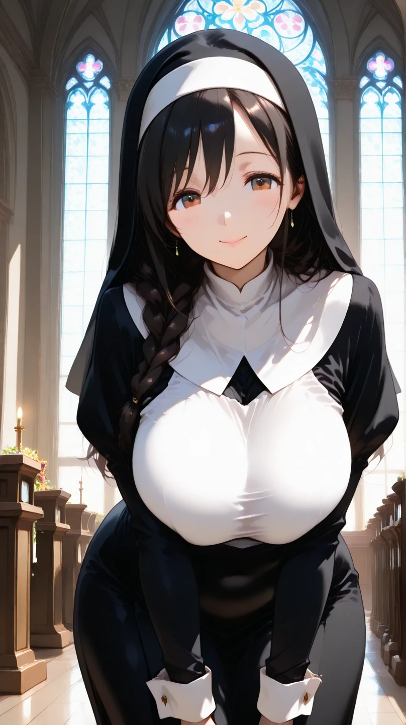 mastute piece,Best Quality,insanely detailed,8k cg,nsfw,
(shoot upper body:1.3),
(1girls:1.3),standing,looking at viewr,body in front,both arms behind back,(nun uniform:1.3),
break,
blush,shy,(ecstasy face),(trembling:1.2),break,(light brown hair),
break,
perfect breasts,perfect teats,(open mouth:0.9),(large breasts:1.3),
(church)、
