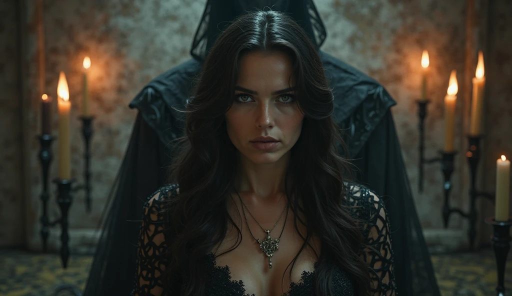 A highly detailed and hyper-realistic depiction of a lugubrious beastly goddess with an intricately scarred face. The character is surrounded by mist, evoking a mysterious and eerie atmosphere. The lighting is dark and atmospheric, with a red smoke adding a touch of sinister ambiance. The image is of the best quality, with a resolution of 4k and HDR enhancement, showcasing the utmost level of detail and realism, sfw