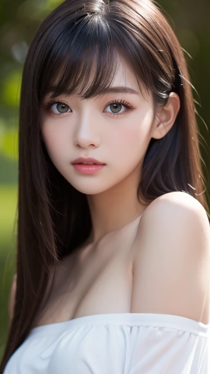 bright look、photorealism、highest quality、Super high resolution、The most beautiful Nordic girls photos、topless, cute and beautiful face details、small face、、big breasts、Slender、14 years old、Crystal clear white skin、big light hazel eyes, long straight black hair,
