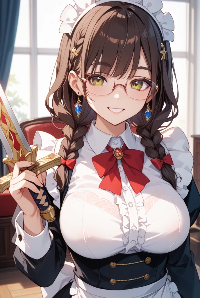 ((Ideal Anatomy:1.2,realistic:1.4,raw photo:1.4,masterpiece、top quality、Ultra - a high resolution、a high resolution、highly detailed computer graphics、8 K))),cowboy shot,1 woman,One、18-year-old beauty,Japanese,((Beautiful detailed face and eyes:1.3,gorgeous eyes:1.3,Brown eyes, Glasses)),Brown hair,long hair,straight hair,hair in ponytail,blunt bangs,blush,(medium breast,slender body,small head:1.2,),(Shiny skin:1.4,oily skin:1.5,Shiny skin)、((holding a staff with a crystal in the top in one hand、A detailed depiction of a staff with a crystal in the top)),(Cutting fighting pose:1.5)、Shrine maiden uniform、shrine、domesticated、Open、