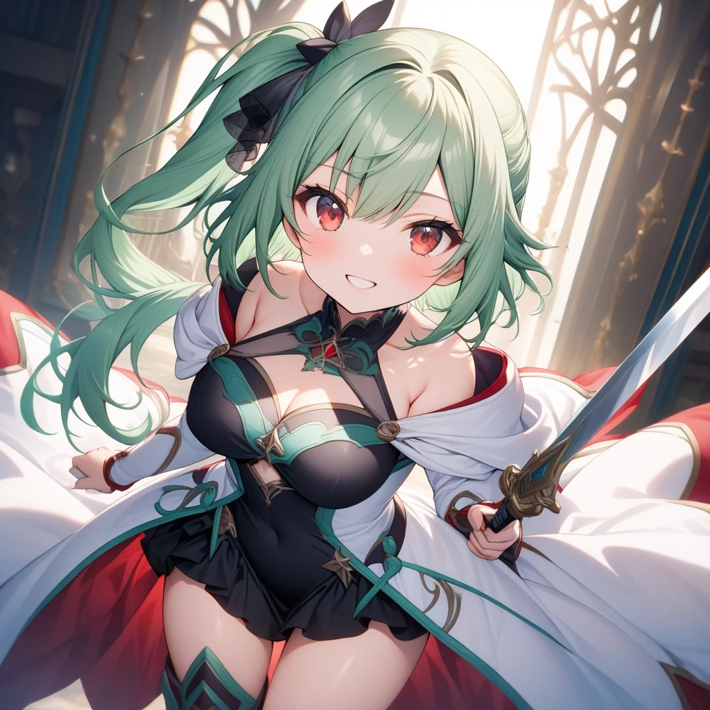 <lora:vicitest-000035:1>, <lora:atalanta-000030:1>, nahu, blush, braid, cleavage, looking at viewer, medium breasts, open mouth, simple background, tail