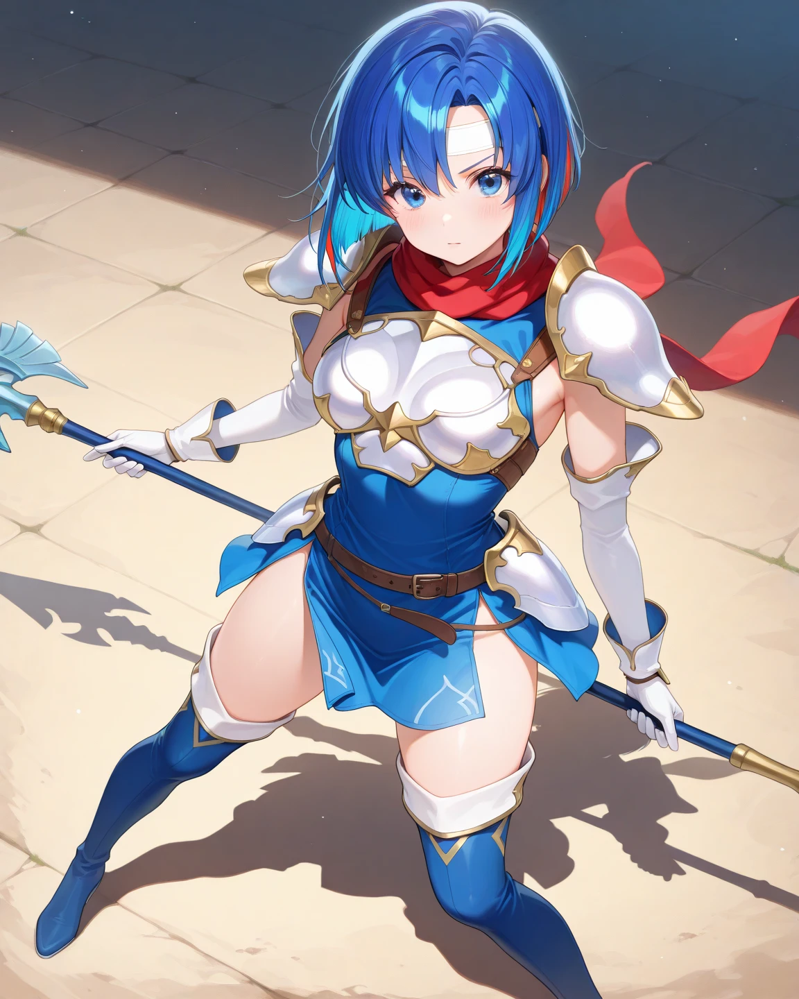 1girl, masterpiece, best quality, perfect hands, blue hair, short hair, catria_echoes, dress, blue elbow gloves, belt, blue fingerless gloves, armor, blue thigh boots, short dress, side slit, breastplate, white headband, pegasus knight uniform \(fire emblem\), smile, spear, blush, parted bangs, pkuniform, blue dress, thigh boots, sexy pose, holding, spear, holding spear
