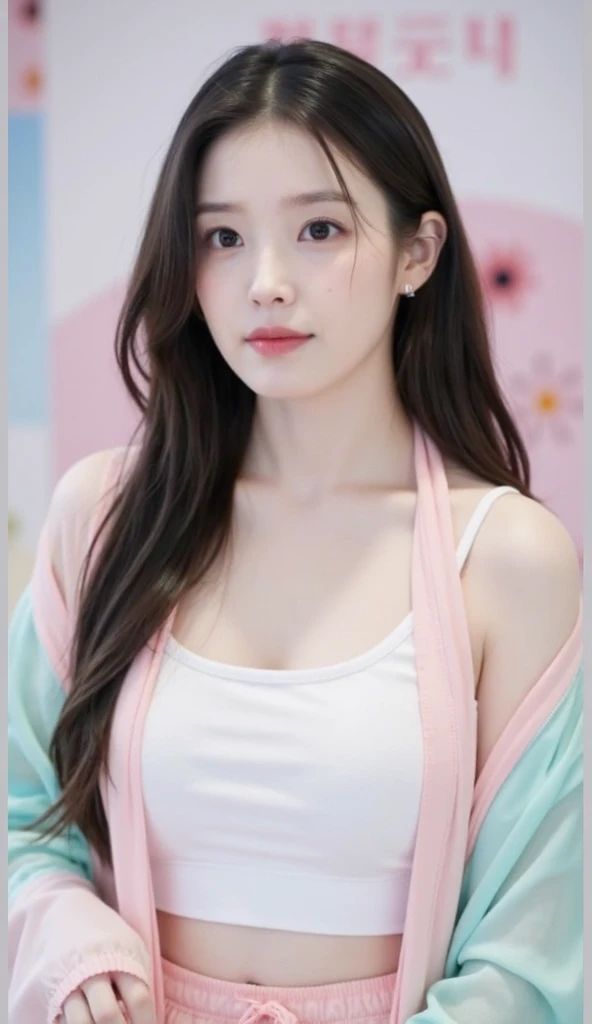 Photo of a Beautiful Korean kpop idol Woman, Summer, Ice cream, Street food, Lustful, (Deep V T-shirt:1.4), cleverage