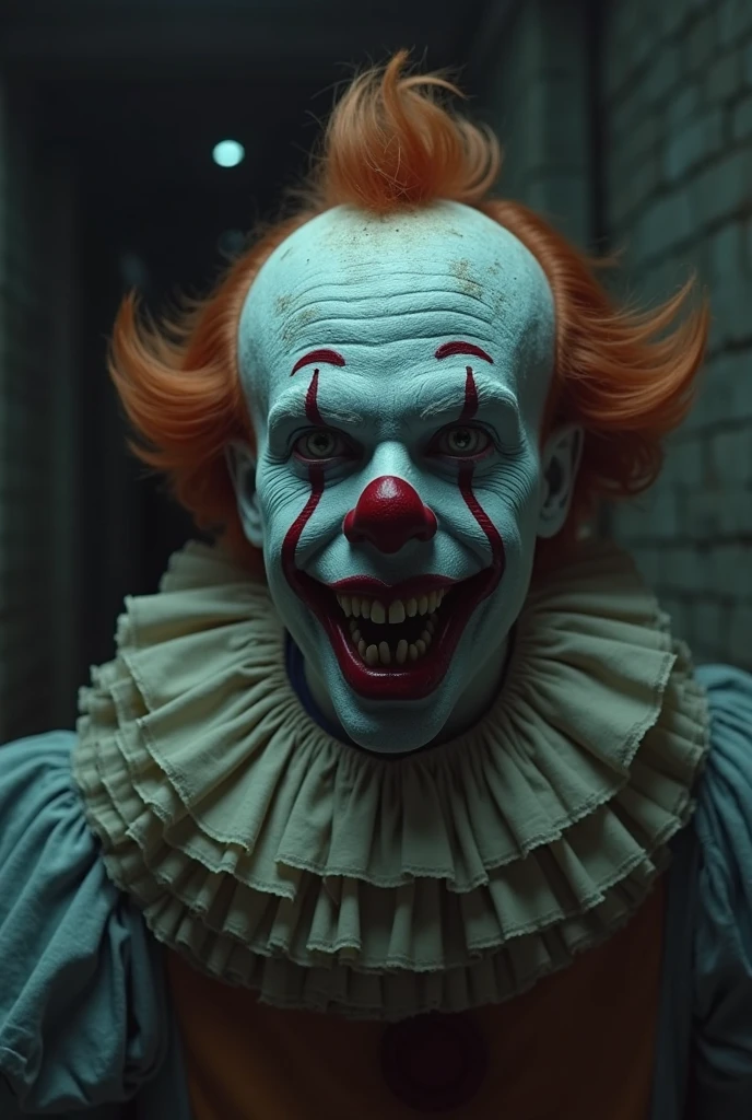 A cinematic photo of a 60 year old half american half scottish killer clown, big forehead, red clown wig, running into a glass mirror breaking his face into glass pieces, Blood glass shattering, he is in a dimly lit beat down grim public restroom, bloody red sparkly glitter clown costume, Blood on walls, broken lights, horror, vhs, film grain, Zombie in background, Scared look, brown lighting, grey lighting, ultra detailed, Atmospheric, Dramatic, Masterpiece,