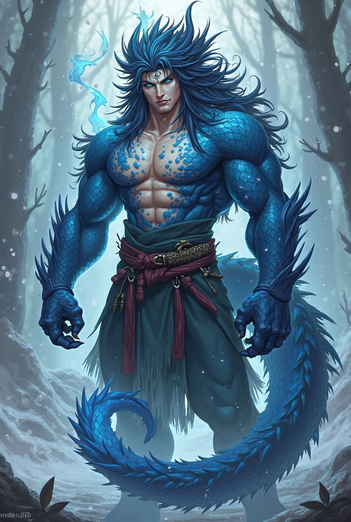 A middle-aged man with long straight hair, a tall and muscular body, wearing a wooden semi-circular forehead protector, he has thick sword-like eyebrows, bright and expressive blue eyes, well-defined facial features, a bare upper body adorned with a blue Dragon Tattoo, a blue Dragon Tattoo that wraps around his entire body, a blue Dragon Tattoo, he wears plain pants, stands before a mysterious ancient Mayan altar, he raises his right fist high, displaying a dignified expression, exuding a powerful aura, emanating a radiant fighting spirit, this character embodies a finely crafted a fantasy-style wilderness design in anime style, characterized by a sophisticated and mature manga illustration art style, high definition, best quality, highres, ultra-detailed, ultra-fine painting, extremely delicate, professional, anatomically correct, symmetrical face, extremely detailed eyes and face, high quality eyes, creativity, RAW photo, UHD, 8k, Natural light, cinematic lighting, masterpiece:1.5