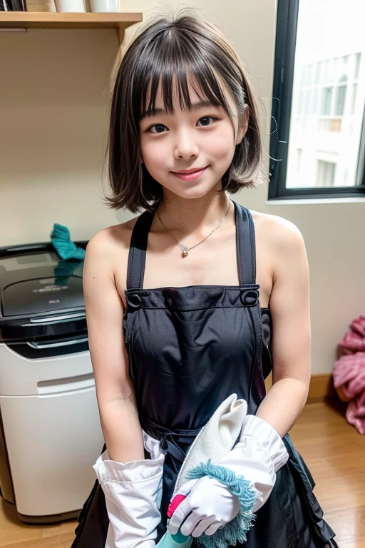 Cute like an idol、Cute and adorable、A young girl with a young face、Smiling Kindly、Naked with only an apron on、Naked under the apron、Cleavage、((Back view))、(((I can see her butt through her apron)))、((kitchen))、whole body、Accurate、Anatomically correct、Textured skin、Very detailed、 Attention to detail、Highest quality、High resolution、Genuine、Indistinguishable from live-action、realism、Real Stick、RAW Photos、Genuine、masterpiece