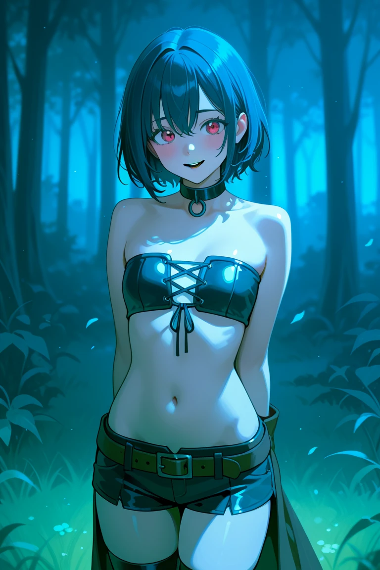 Centaur、whole body、Flat Chest、black leather bra、belly button、belt、Short Hair、Delicate face、Ultra HD、Masterpiece、forest