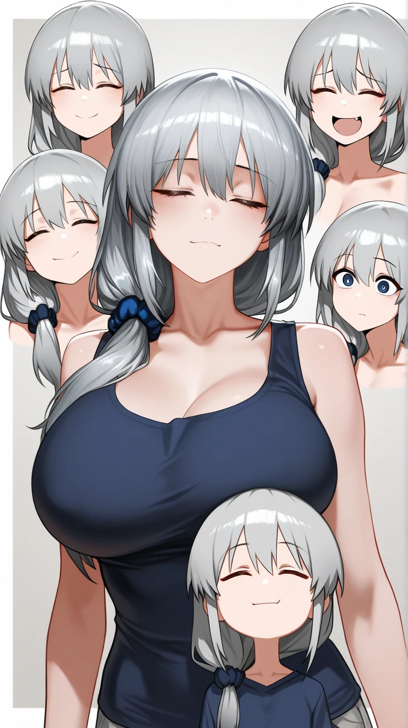 nsfw,2girls,Gray Hair,light hair,School Swimsuit,Big Breasts,Covered udder,chest,masterpiece, best quality, very aesthetic, absurdres,upper body,straight-on,nsfw