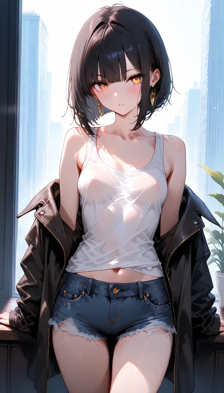 (masterpiece, best quality:1.2), 1 girl, alone , sexy , green  jaket , cutoff-jeans , (cowboy shot) , black hair ,  white top