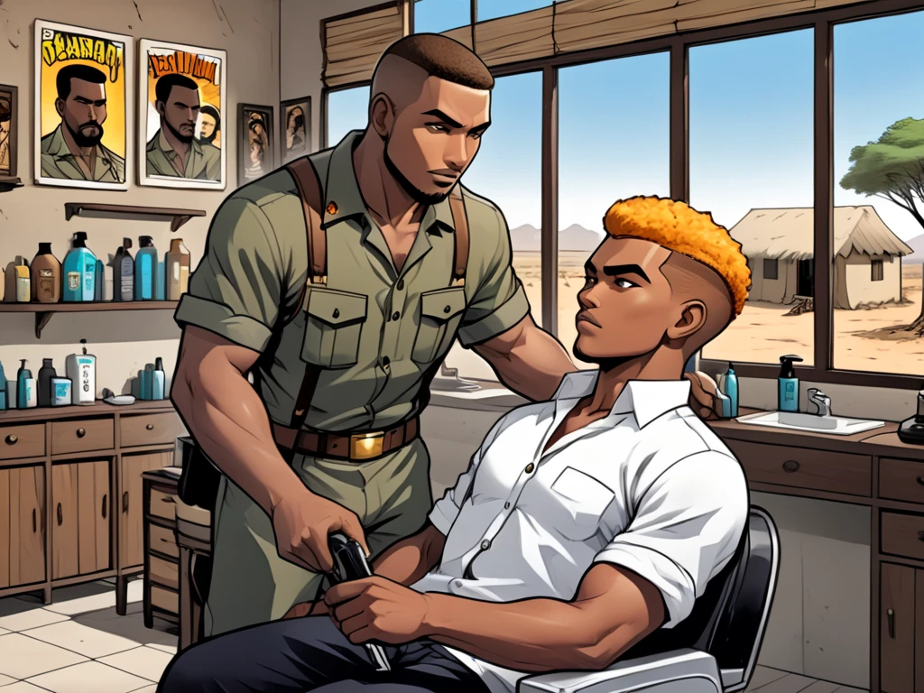 create a cover for an adult movie +18 with a white background where a blond delivery boy is on top of a motorcycle with a naughty face. the bike is very old and used, and a black guy standing with just a towel around his waist