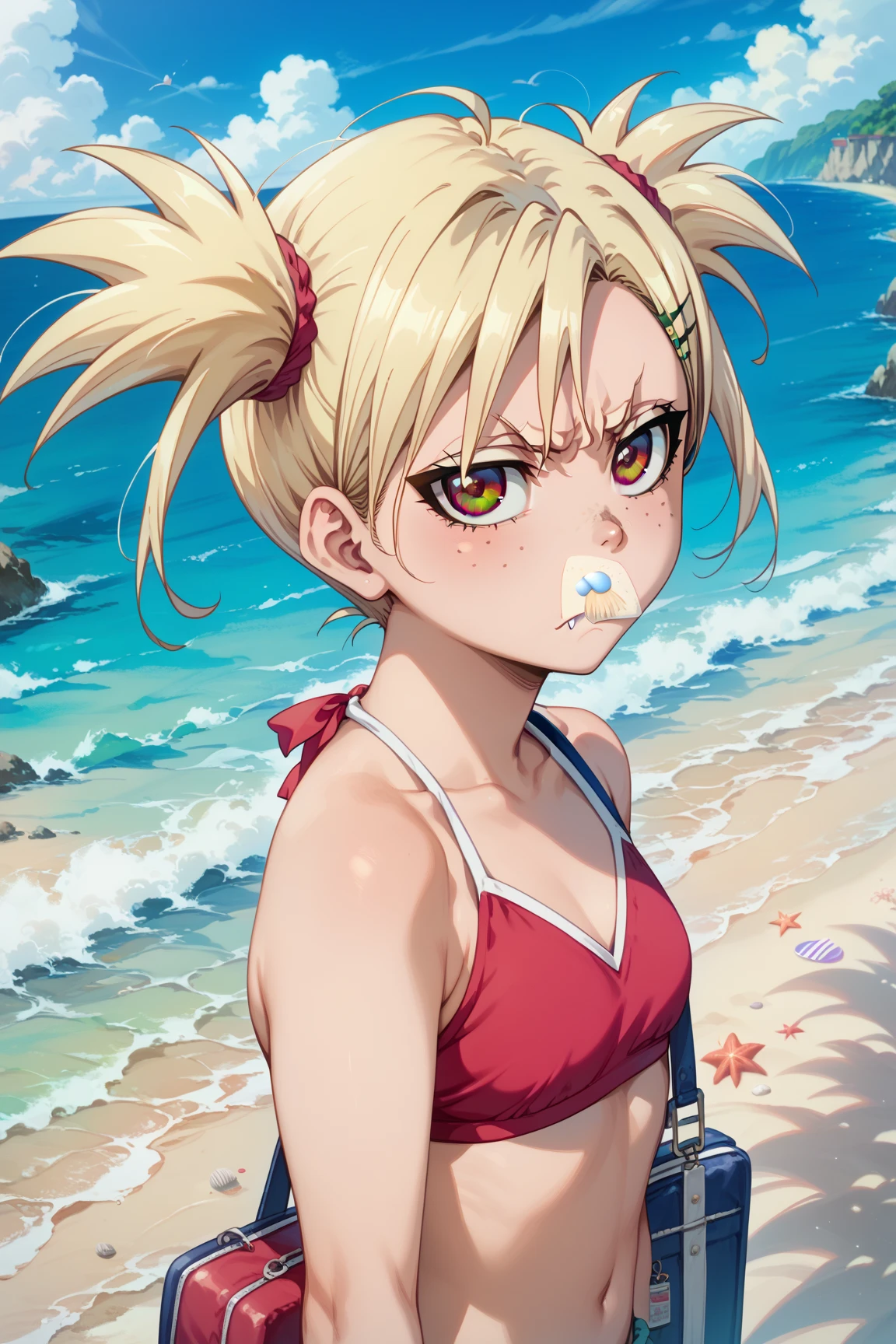 (BNHA style),Himiko Toga,(Alone),Himiko toga,(boku no hero academia),(short blonde hair with two messy pulps in her hair and yellow eyes with cat pupils),Wearing),+,(\bikini)/
