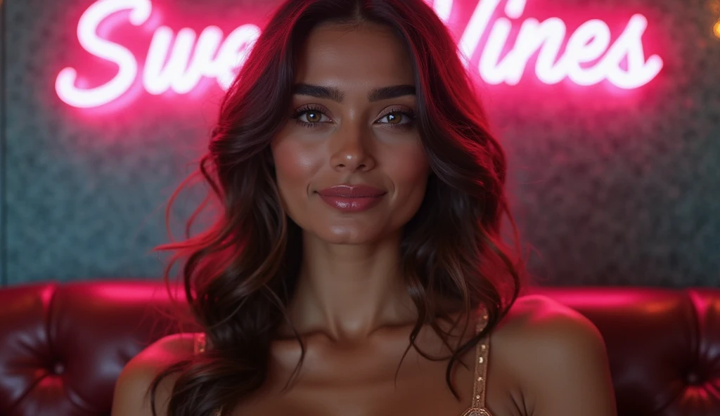 ((full body shot)) of a clothed  woman that looks like a mixture of Cindy Crawford and Arianna Grande, ((wearing an ornately detailed pink leather and red lace Versace dress with bright multicolor swirls and spherical sequins and dolphins)),  (standing in Times Square at night),  staring at camera lovingly, (mouth wide open), (smiling), (skin pores), wet hair, long hair, (tan skin), (f1.8 short focus bokeh), focus on eyes, large hazel eyes with, circular light eye reflection, watery deep eyes, skin pores, shiny eyes, open eyes, direct light.