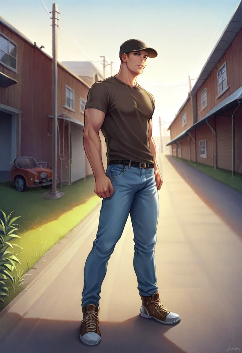 1 super hot and sexy fullbody  man driving a ford old  ford truck  and smiling on a rural pathway 
Art style of  leng jun and norman rockwell 

Specifications, 
Material,  ultra realistic oil painting
Lighting, storbe lighting, golden hour
Composition,  rule ot thirds composition, 
Details,  ultra intricate detailed
Colors, intense dark color palette
Angle view,  fullbody, ((view from front))


Age and race, a young man, latino, 
His face is thin face, straight nose, thin lips, square chin, large black eyes, short black, wavy hair, in roberto ferri style
His body is , cinnmon skinaesthetic slim athletic body, very tall, latino, realistic skin, gorgeous, realistic detailed tonned muscles, barefoot, perfect anatomy, muscled fitness body, 195cm tall, realistic skin, skinny realistic detailed muscles, 
He is wearing fllip flop sandals, shirtless, pantless, 

He is doing the action of drinving an old ford truck , highlight the muscle definition perfect detailed feet, relaxed body lenguaje, relaxed face expresion. 

In the background, rural pathway  farm, corn fields, cows, dogs

Complements, hyper detailed scene, hd, 8k resolution, FULLBODY, 16k resolution, hd, 