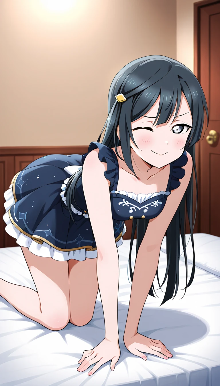 Hands Behind Back,Tied with hands behind back,from front,front view,looking at viewer, looking ahead,from above,cowboy shot,1girl,Beautiful 11 year old girl,Japanese,Slender,,low length,Small breasts,Thin legs,Small Ass,Baby Face,Small face,Black Hair,Row Twin Tails,Gray Eyes,Drooping eyes,middle School girls,A see-through black and blue negligee,Sexy Lingerie,open mouth,tongue out,front face,Kneeling,Straight Stand,Beautiful and detailed anime art,Mischievous smile,Sexy vibe,cum on tongue,Dimly lit room,On the bed,Simple Background,Gray background,Low lighting,