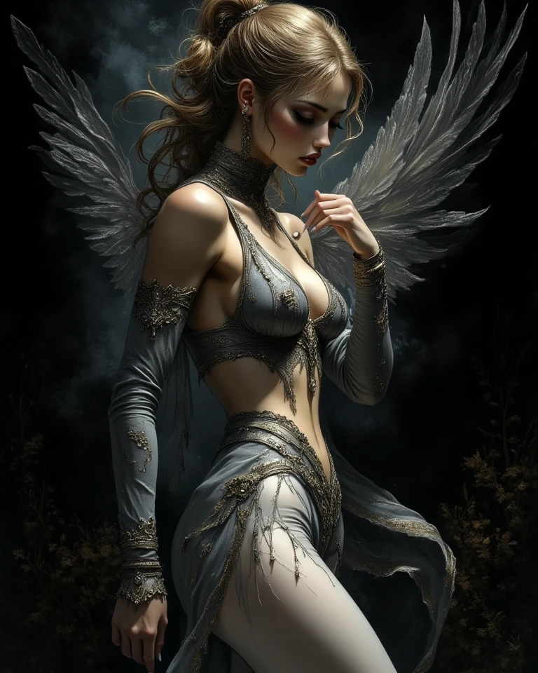 a female person wearing many chains around her body and arms and legs, she is wearing a torn dirty tunic, from her back grows worn and damaged very large angel wings, she is bound in chains, dark stains splattered on her hands legs and arms, she is in a worn 19th century dimly lit style room with worn wooden floor, flaking wallpaper, broken furniture, some feathers lie scattered on the floor, on the floor below her is a magical circle with strange markings and runes, highly detailed, full body, gritty, mysterious, high resolution, ultra detailed, 8k, (delicate light 1.6), cinematic, detailed face, detailed hands, detailed legs, detailed body, (epic illustration 1.8), epic, (Best quality,4K,high resolucion,Masterpiece:1.2),Ultra-detailed, Realistic, intense illumination, Vibrant colours, (masterpiece), (best quality), (ultra detailed), (absurdres), (highres), (official art:1.4), (illustration:1.4), (distinct image:1.2), 8k,(detailed face:1.3), (highlights in eyes:1.3), wet hair (detailed hair:1.3), (detailed skin:1.3)