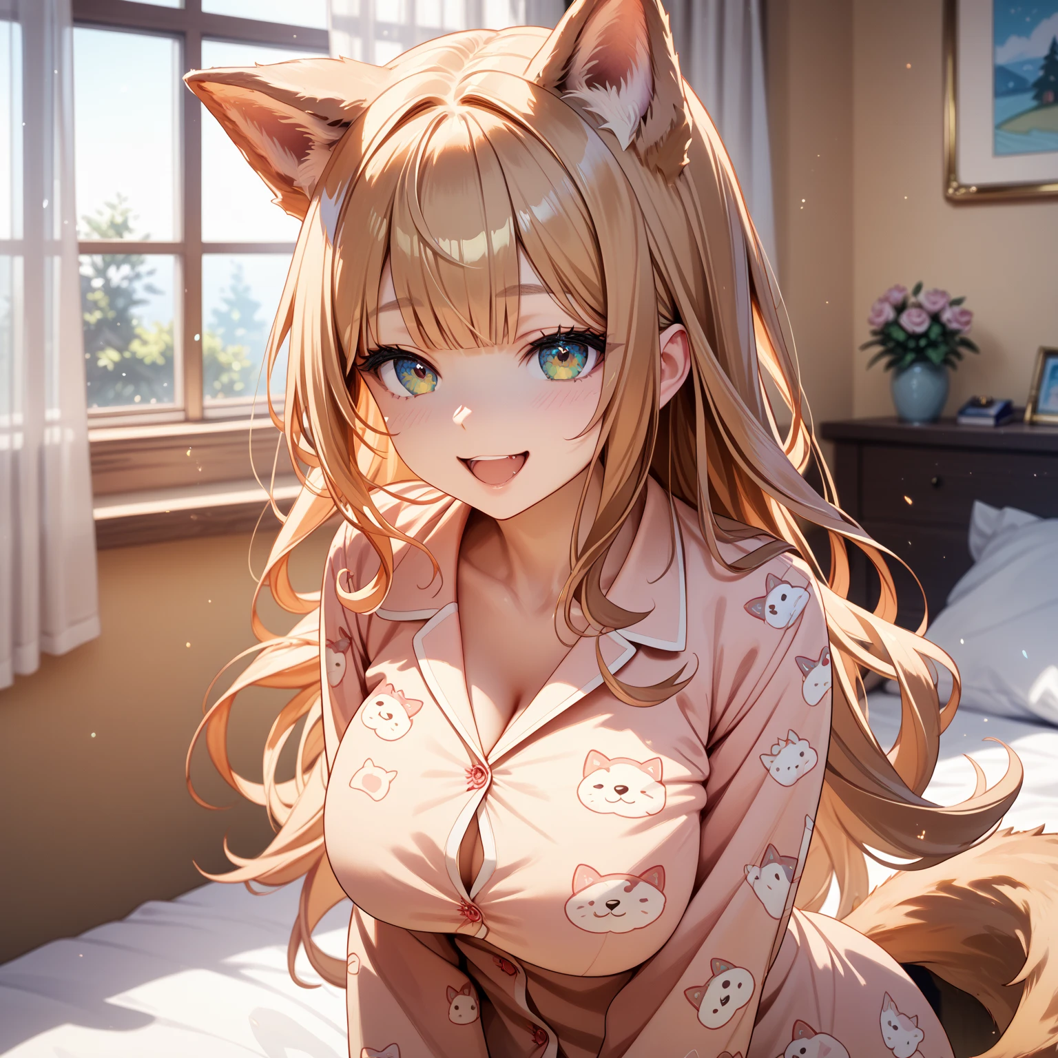 Raphtalia, 35 year old woman, straight and floating. pelo naranja, cabello naranjo, rounded bear ears, ruby red eyes, evil smile, big breasts, is in pajamas.。neckline。Lying in bed 。using a futon