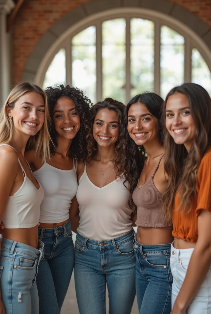 Photos of teenage girls wearing skater fashion. Everyone is wearing a dark tank top.. They are standing side by side, one person raising their hand
