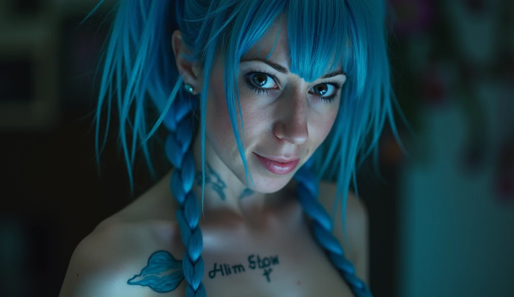 Un barco de lujo y una hermosa mujer bronceada, Cuerpo definido y tatuado tomando el sol en la proa del barco.  (La mejor calidad)  obra maestra ((body tattoo)) (blue hair) ((Big breasts))